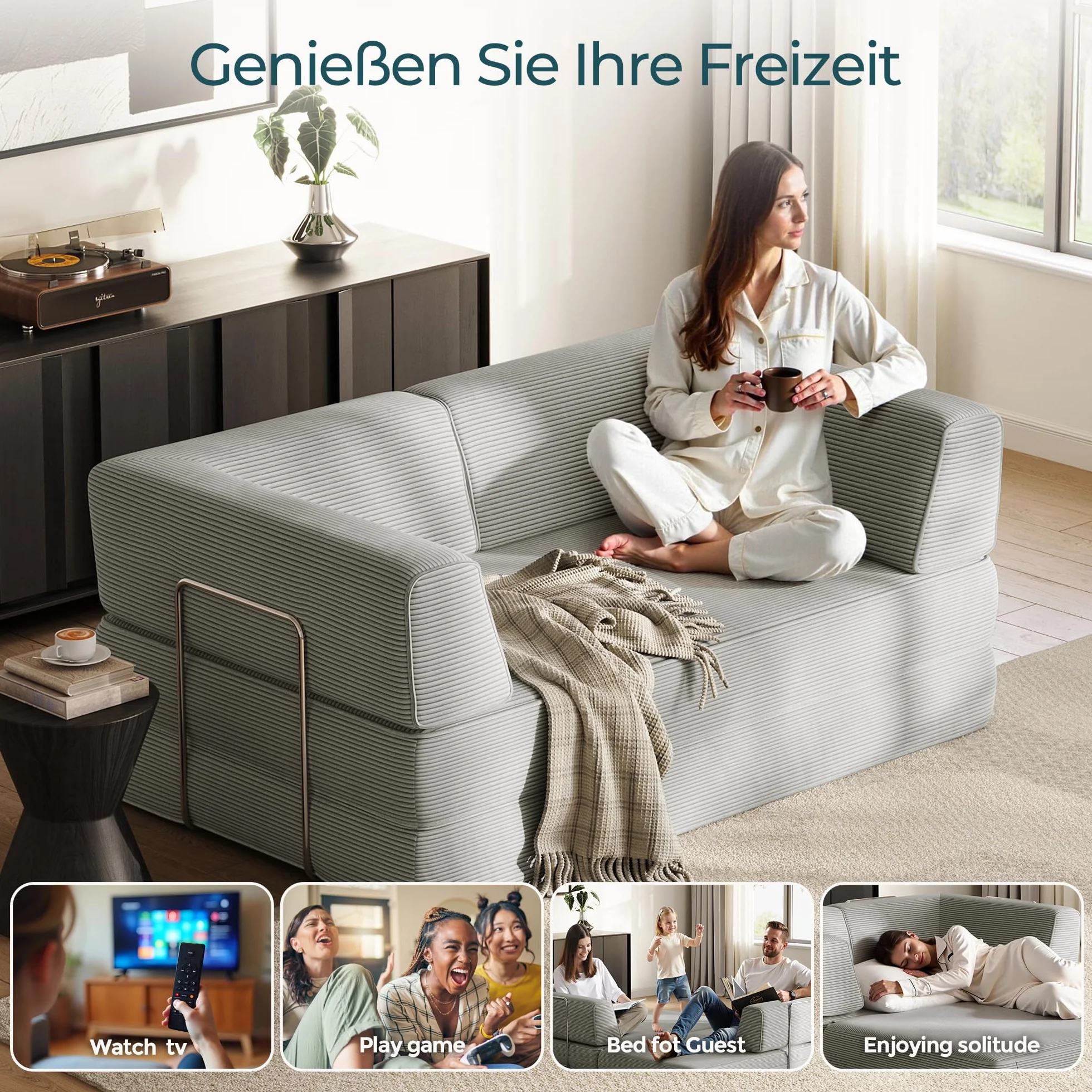 LINSY HOME Sofa z funkcją spania – sofa podłogowa z poduszką na plecy – rozkładana sofa do spania o szerokości 160 cm – tkanina sztruksowa do salonu, sypialni