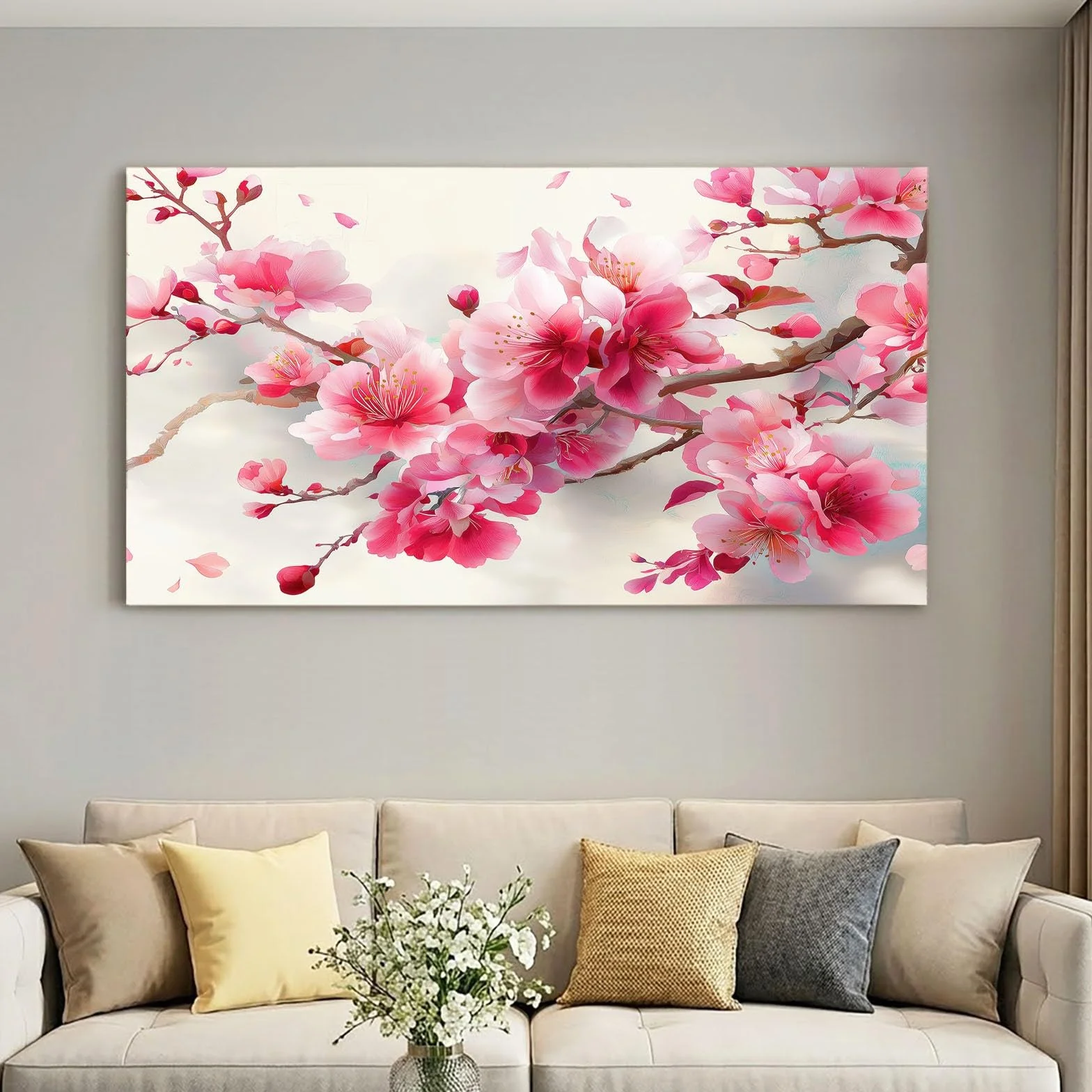 Obraz ścienny orientalny chiński obraz na płótnie - obraz na płótnie 140 x 70 cm, wydruk na płótnie z gałązką kwiatową, oprawiona sztuka ścienna do salonu i sypialni, dekoracja ścienna, różowy