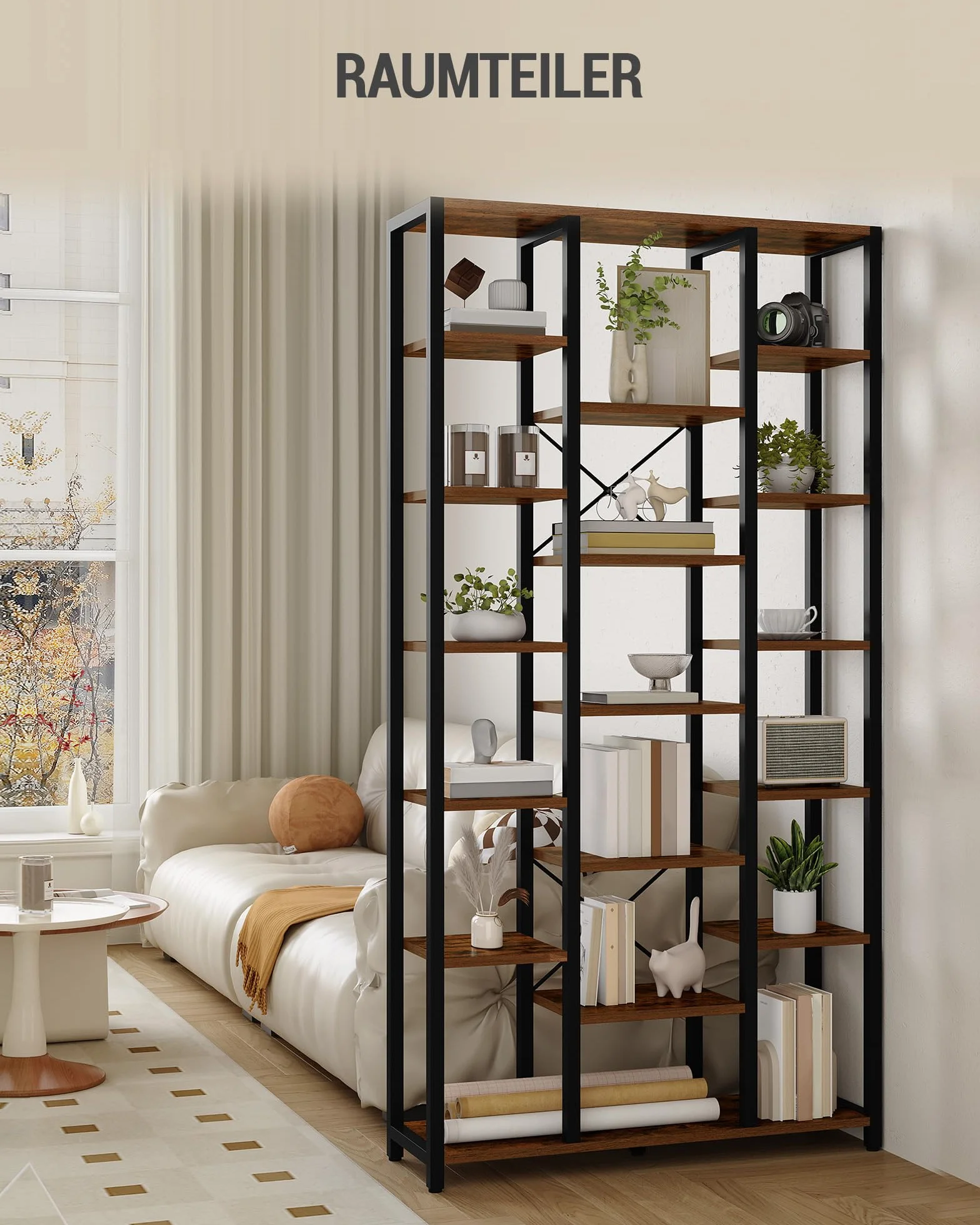 Hzuaneri Regał, 7-poziomowa biblioteczka z 18 otwartymi półkami, regulowany regał do salonu lub biura domowego, 30 x 100 x 200 cm, Rustykalny brąz i czerń, BC15601B