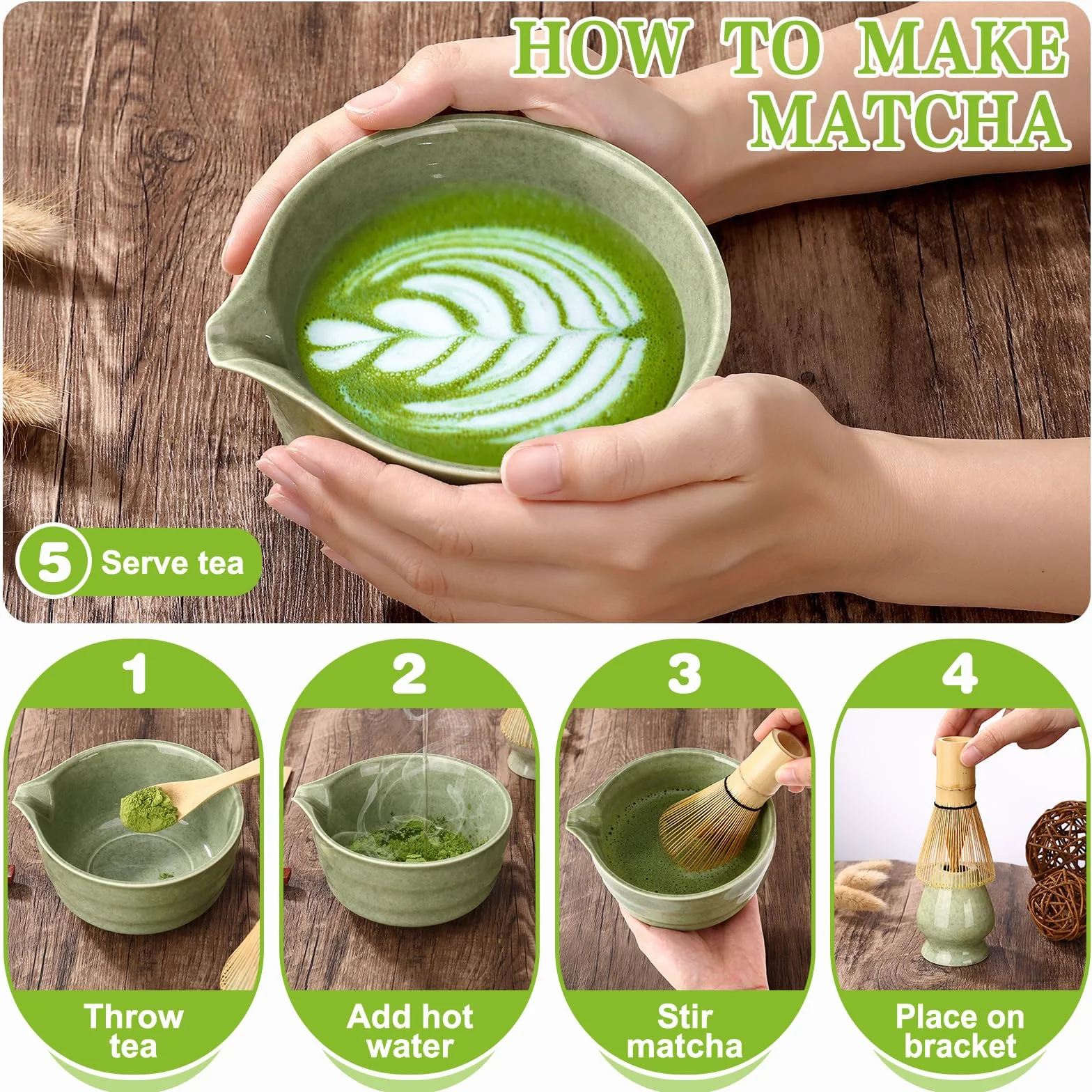 6-częściowy zestaw mioteł do matchy, miska do matchy z wylewką, uchwyt do whisky matcha, łyżka i uchwyt, japoński zestaw do herbaty matcha, akcesoria dla miłośników matchy (zielony)