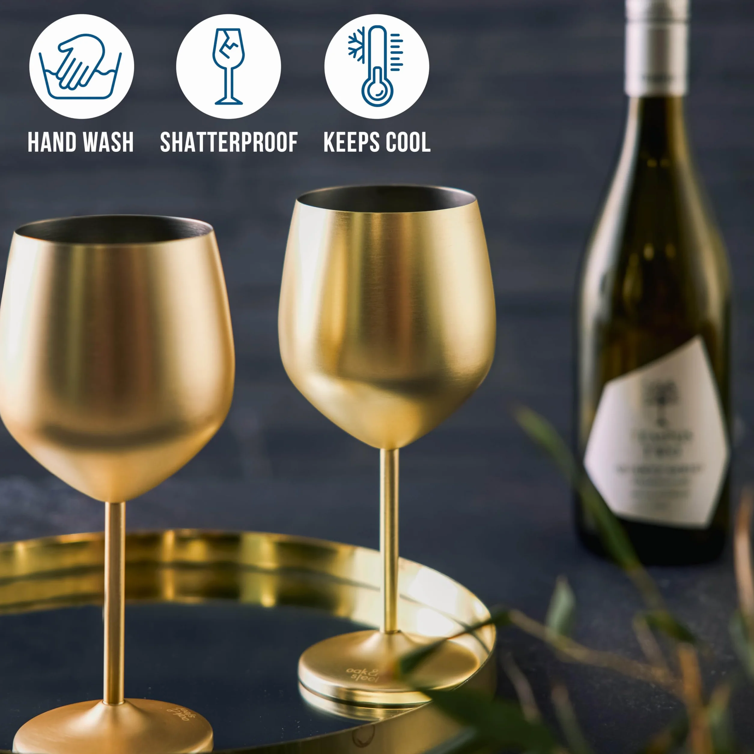 Oak & Steel - 2 złote matowe kieliszki do wina, 550 ml - Stal nierdzewna - Niezniszczalny szklany zestaw upominkowy do domowego baru, ślubu, rocznicy, przyjęcia urodzinowego, na zewnątrz i kieliszki