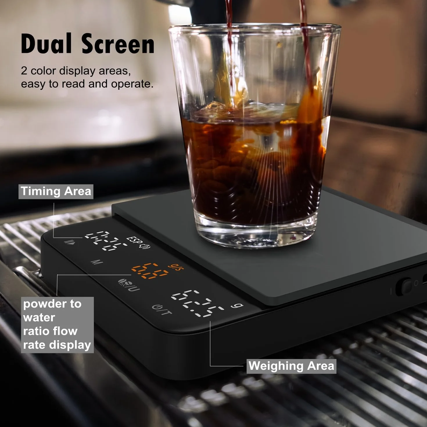 NUTRI FIT Mini waga do kawy z timerem, ładowalna waga kuchenna USB-C, przenośna waga do espresso z wyświetlaczem LED, rozmiar produktu 11,5 x 10 cm, 2 kg/0,1 g - czarna