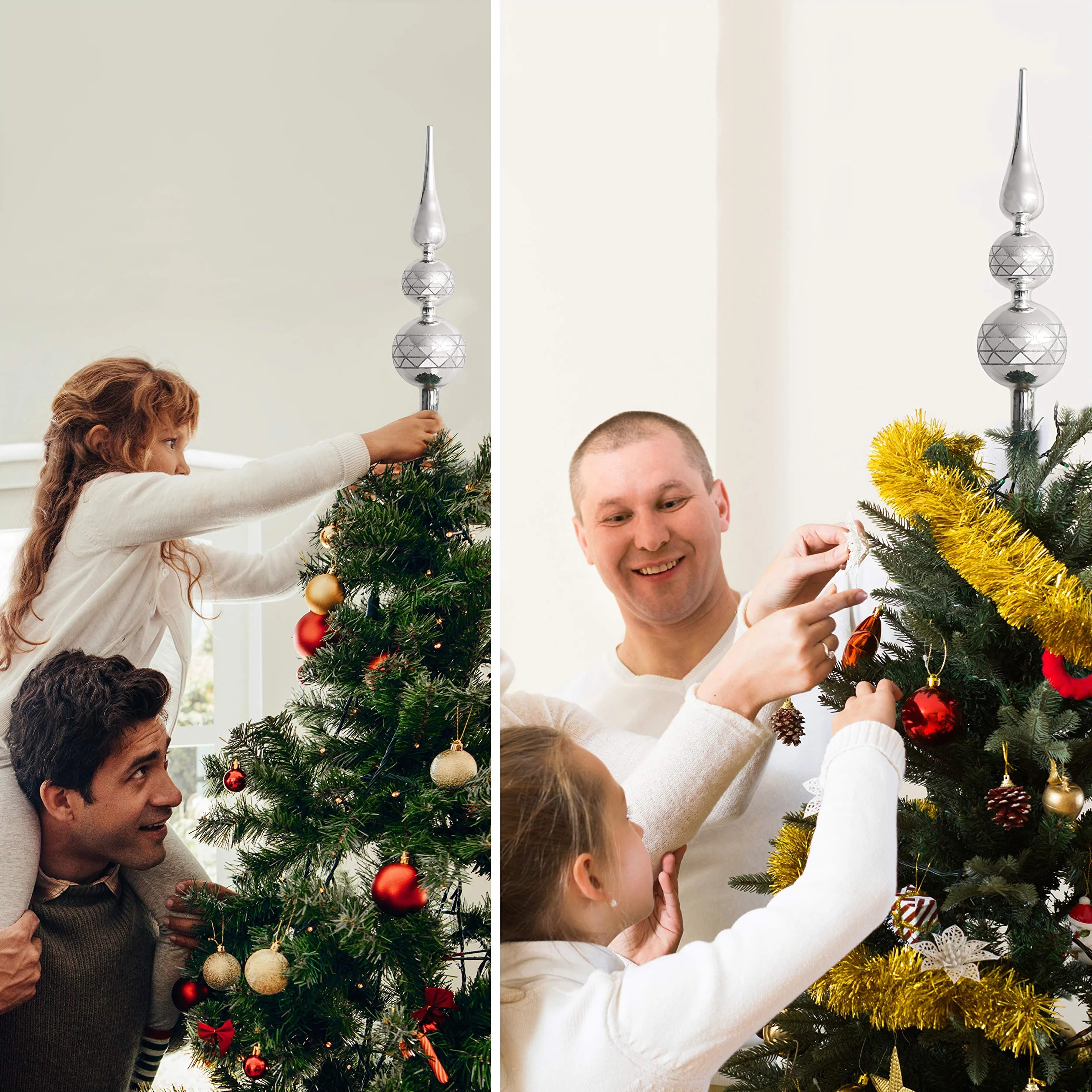 Ozdoba choinkowa - 32 cm wysoka łodyga srebrny kolor odblaskowy szklany topper na choinkę - brokatowa ozdoba szklana - Boże Narodzenie dekoracja wierzchołka choinki