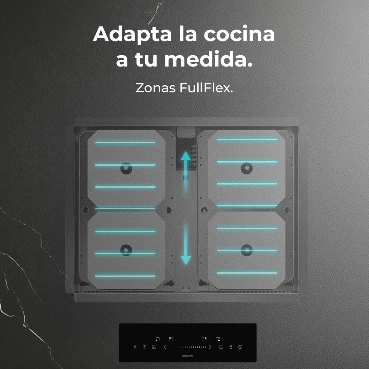 Cecotec Niewidoczna płyta indukcyjna 60 cm Bolero Squad I 4300 Invisible FullFlex. 7200W, panel z suwakiem, strefami FullFlex, 9 prędkościami i funkcją wzmacniacza, timer, blokada bezpieczeństwa
