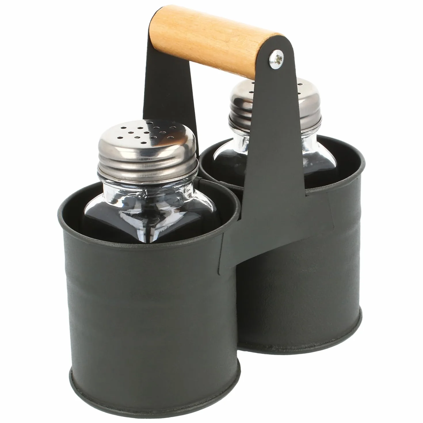 COM-FOUR® 3-czesciowy zestaw do przypraw wykonany ze szkla - do soli i pieprzu z dopasowanym metalowym uchwytem (01 szt. - ze wspornikiem)