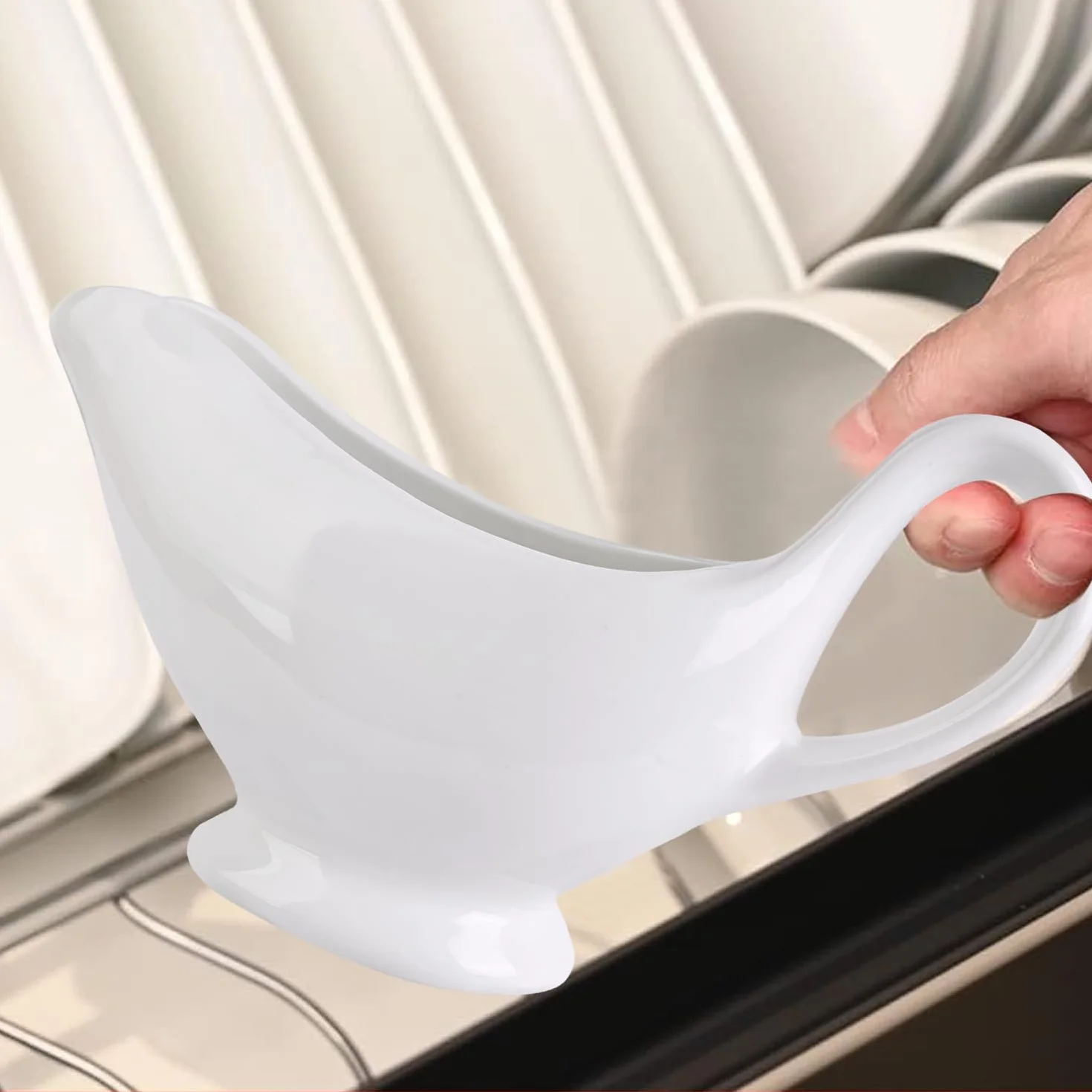Nizirioo 310ML sosjerka z porcelany: sosówka z uchwytem, premium porcelanowa sosjerka biała, pojemnik na sosy, dressingi do sałatki, kremy, bulion mleczny, elegancki design, duży uchwyt
