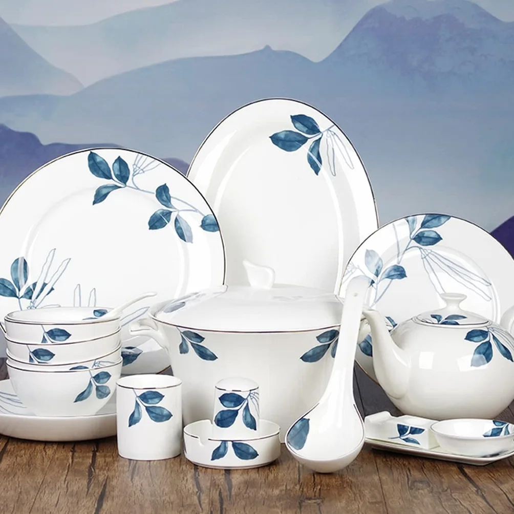 Zestaw naczyń ceramicznych z motywem kwiatowym, talerze obiadowe, miski restauracyjne i podkładki, komplet (rozmiar uniwersalny)