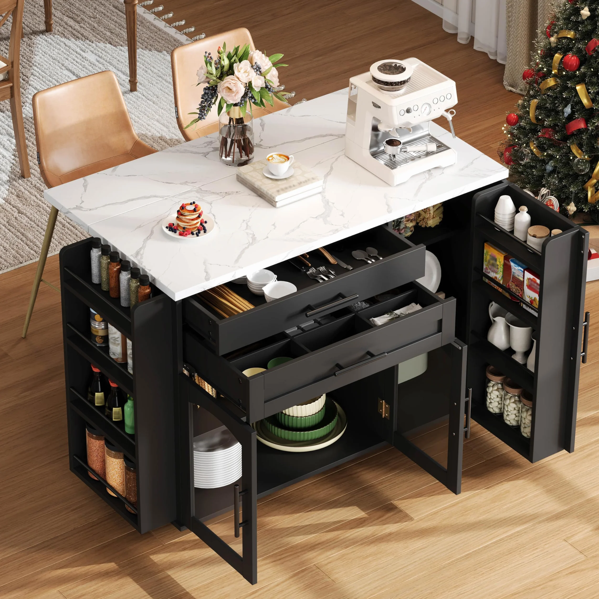 Mobilna wyspa kuchenna, wolnostojąca, 120 x 45 (70) x 90 cm, wózek kuchenny z rolkami, ze składanym obszarem roboczym, regał na przyprawy, drzwi szafy, organizer do szuflady na sztućce, do kuchni