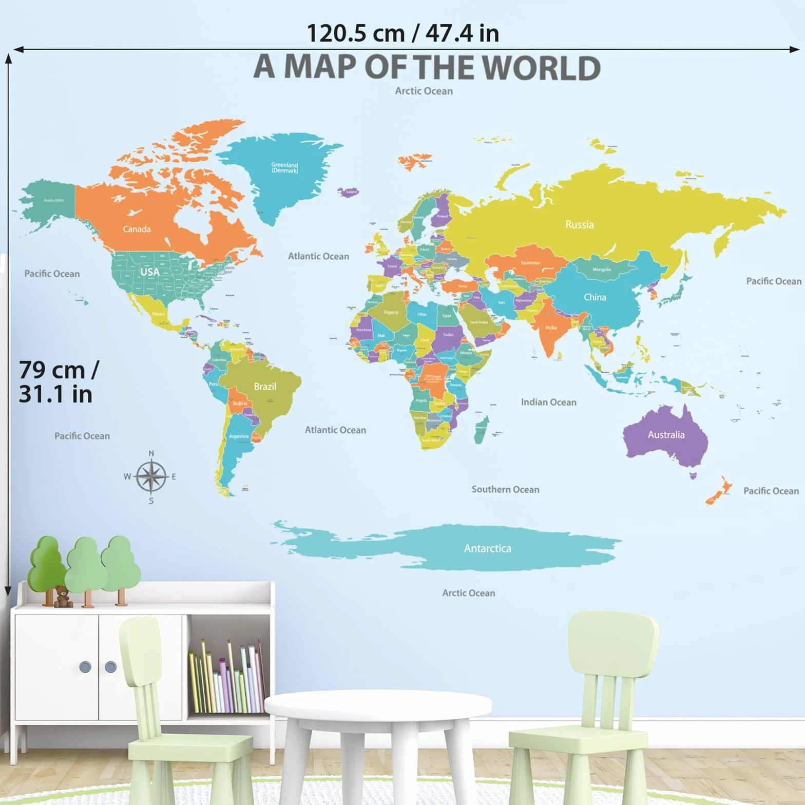 DECOWALL SG2-2414 kolorowa mapa świata tatuaż ścienny (duży 120 x 75 cm), edukacyjna dekoracja mieszkania, sztuka, salon, dzieci, biuro, pokój dziecięcy, klasa "zrób to sam"