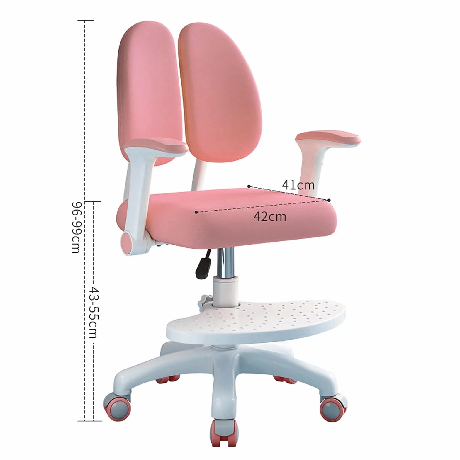 Fotel biurkowy dla dzieci z kółkami i podłokietnikiem, z regulacją wysokości, obracany o 360°, ergonomiczny, do nauki dla dzieci z podparciem lędźwiowym, różowy
