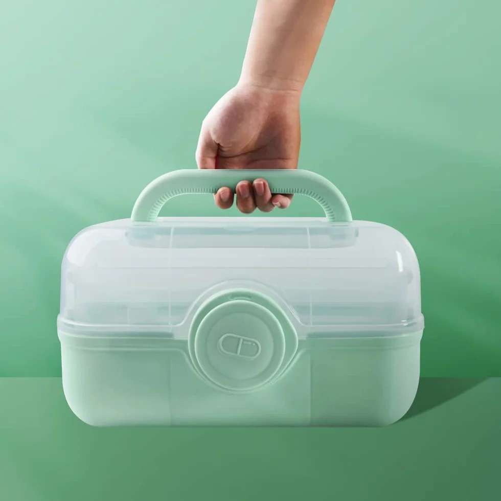 Apteczka domowa, pudełko na leki, zamykany, organizer na leki, wielofunkcyjna walizka lekarska, zielony, Plain" or "Utilitarian