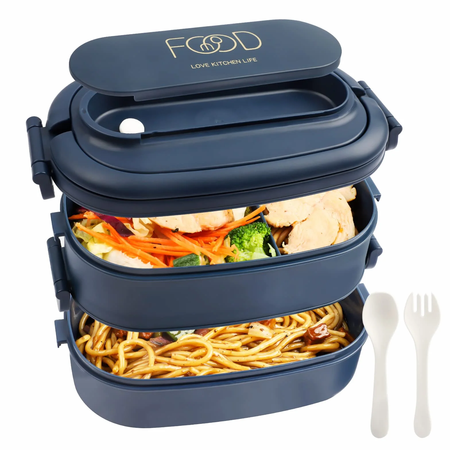 2-warstwowe pudełko na lunch: Pudełko na lunch 1550 ml z 3 przegródkami i zestawem sztućców; plastikowy pojemnik na lunch dla dorosłych z przegródkami bez BPA; szczelny pojemnik na lunch dla dorosłych, mężczyzn i kobiet (niebieski)