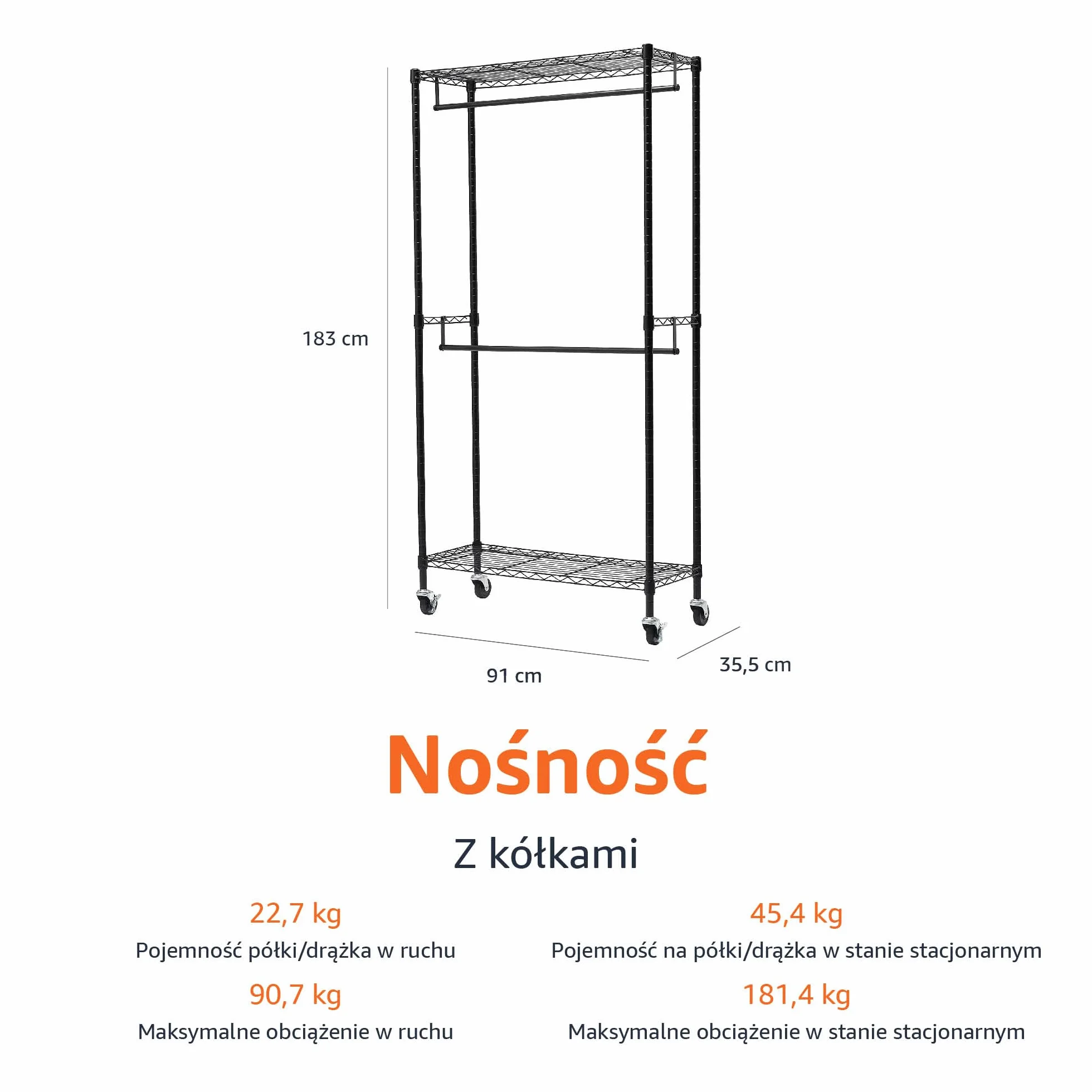 Amazon Basics Regulowany wieszak na ubrania z dwoma drążkami, stojak na kółkach, czarny 91x35,5x183 cm