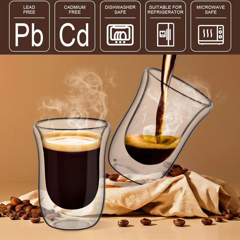 Szklanki termiczne z podwójnymi ściankami,250 ml szklanki do espresso,2 sztuki,szklanki ze szkła borokrzemowego, filiżanki kawy, cappuccino,latte macchiato,herbaty,mleka,piwa,soku