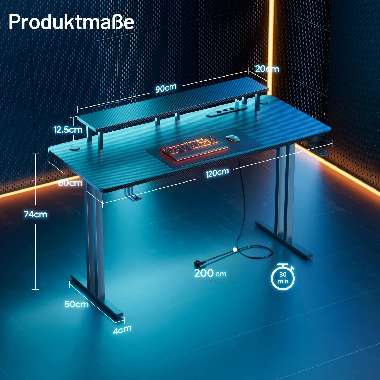 HLONONE Stół do gier LED 120 x 60 cm, Biurko gamingowe z 3 gniazdkami i 2 portami USB, stół dla graczy PC z uchwytem na monitor, stabilny stół komputerowy do gier i do biura, czarny