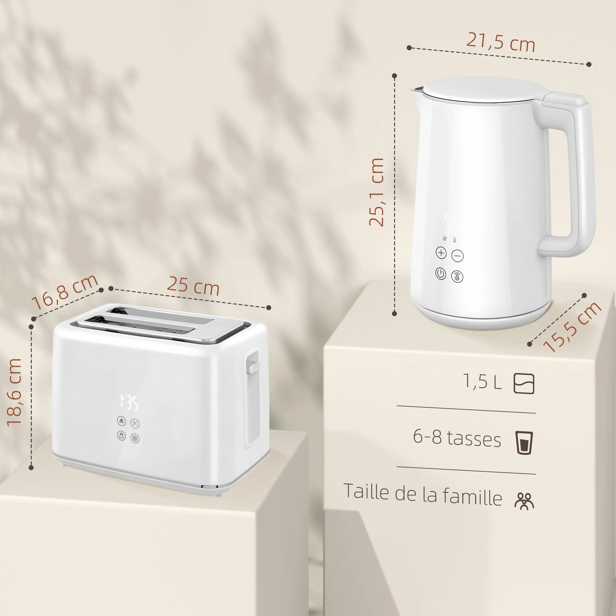 HOMCOM Zestaw czajnika i tostera 2200 W, czajnik ze stali nierdzewnej 1,5 l z izolacją i tosterem, 2 kromki, 7 poziomów brązowienia, rozmrażania, podgrzewania i tacy na okruchy, kremowy