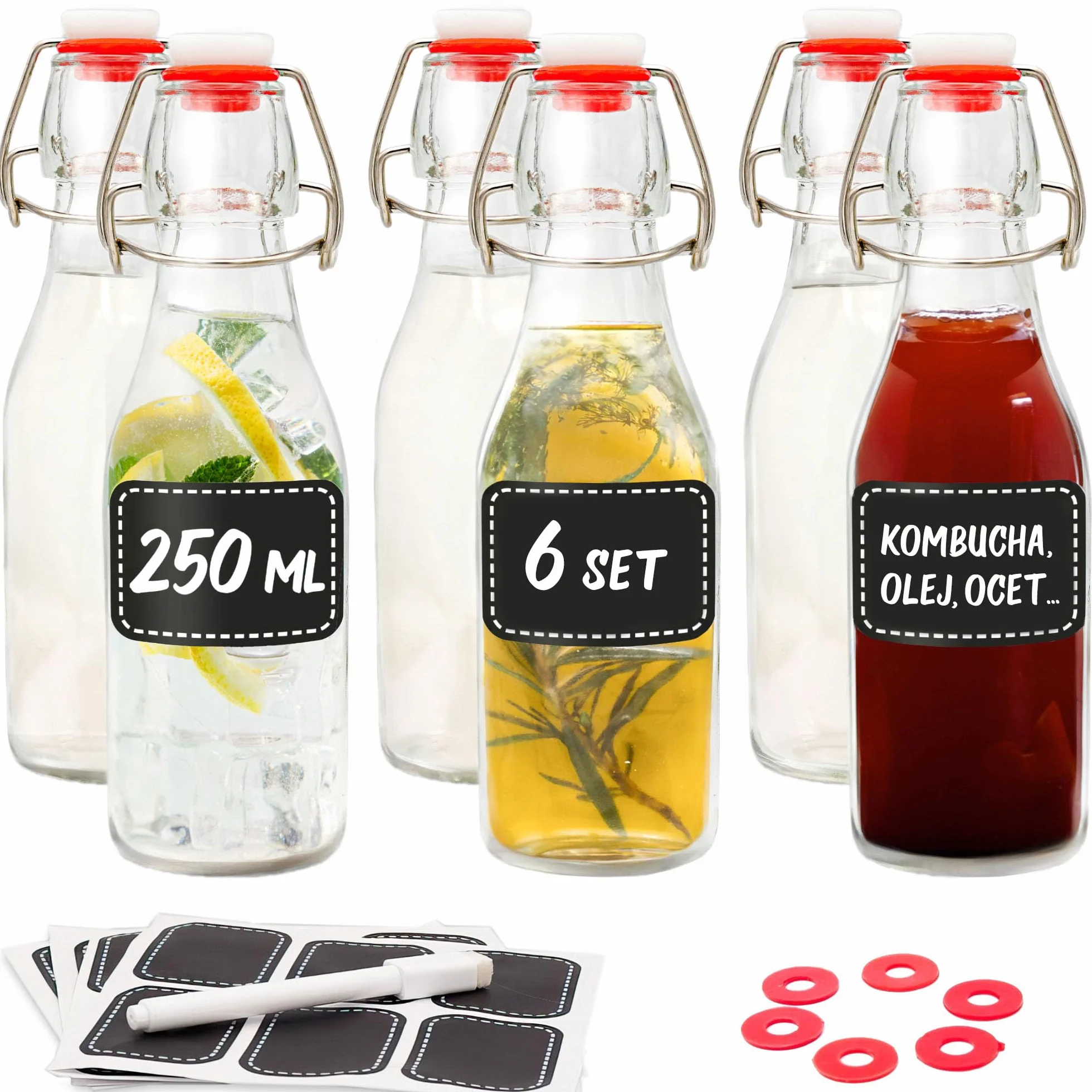 6 szklanych butelek z zamknięciem pałąkowym 250 ml – 6 dodatkowych uszczelek w zestawie 12 etykiet z pisakiem