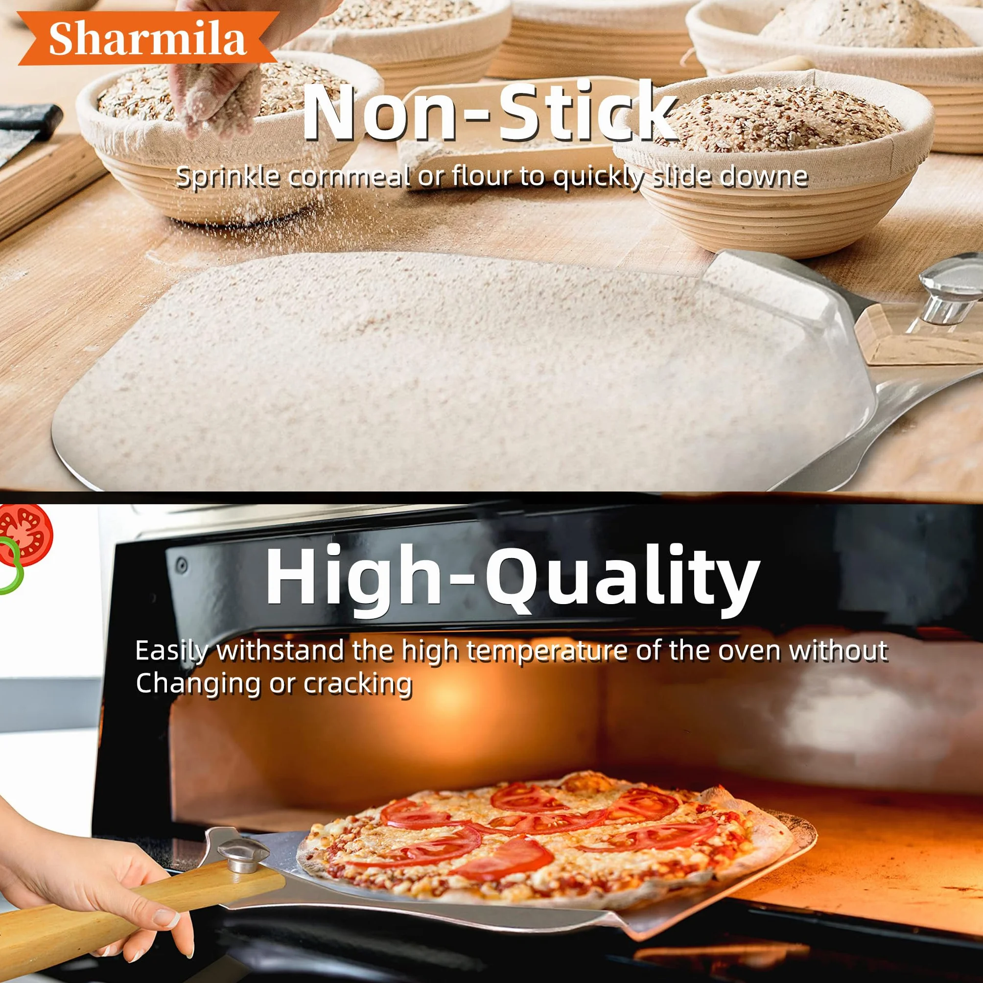 Sharmila Łopatka do pizzy 30 cm aluminiowa łopatka do pizzy ze składanym drewnianym uchwytem, nożem do pizzy i metalową szpatułką do pizzy - idealna do rodzinnego pieczenia pizzy, ciasta, chleba i