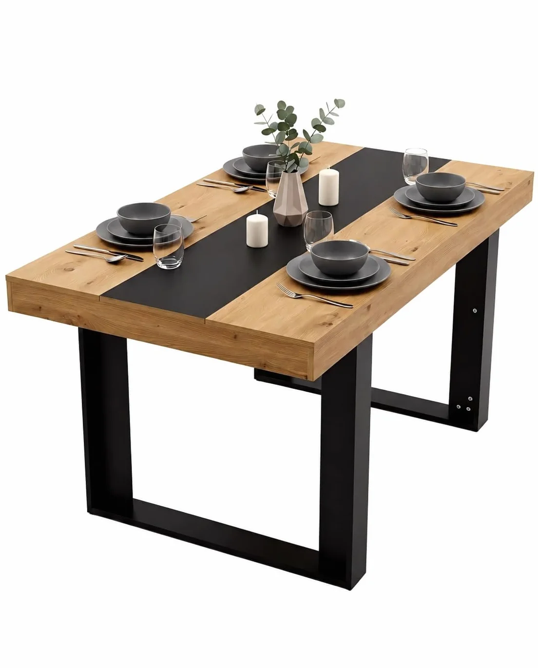 Prostokątny drewniany stół jadalny stół jadalny dla 4-6 osób, biurko 160x80 cm meble do jadalni odporne na zarysowania, wygląd dębu i czerni, 160x80x75 cm