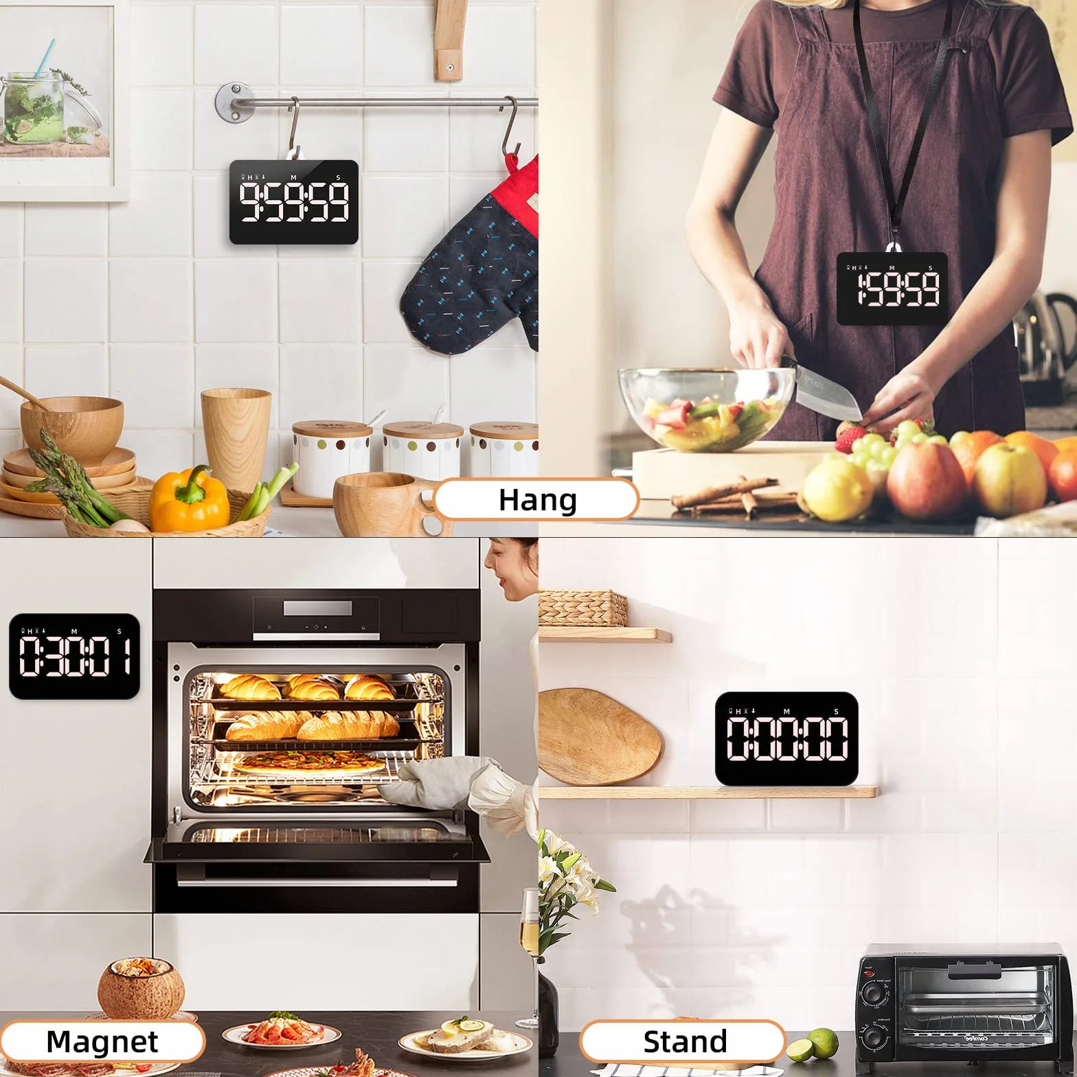 Cyfrowy timer kuchenny z możliwością wielokrotnego ładowania, magnetyczny timer z odliczaniem / do góry, czasomierz dla dzieci z wyświetlaczem LED 5", 3 jasności, 4 poziomy głośności, regulacja