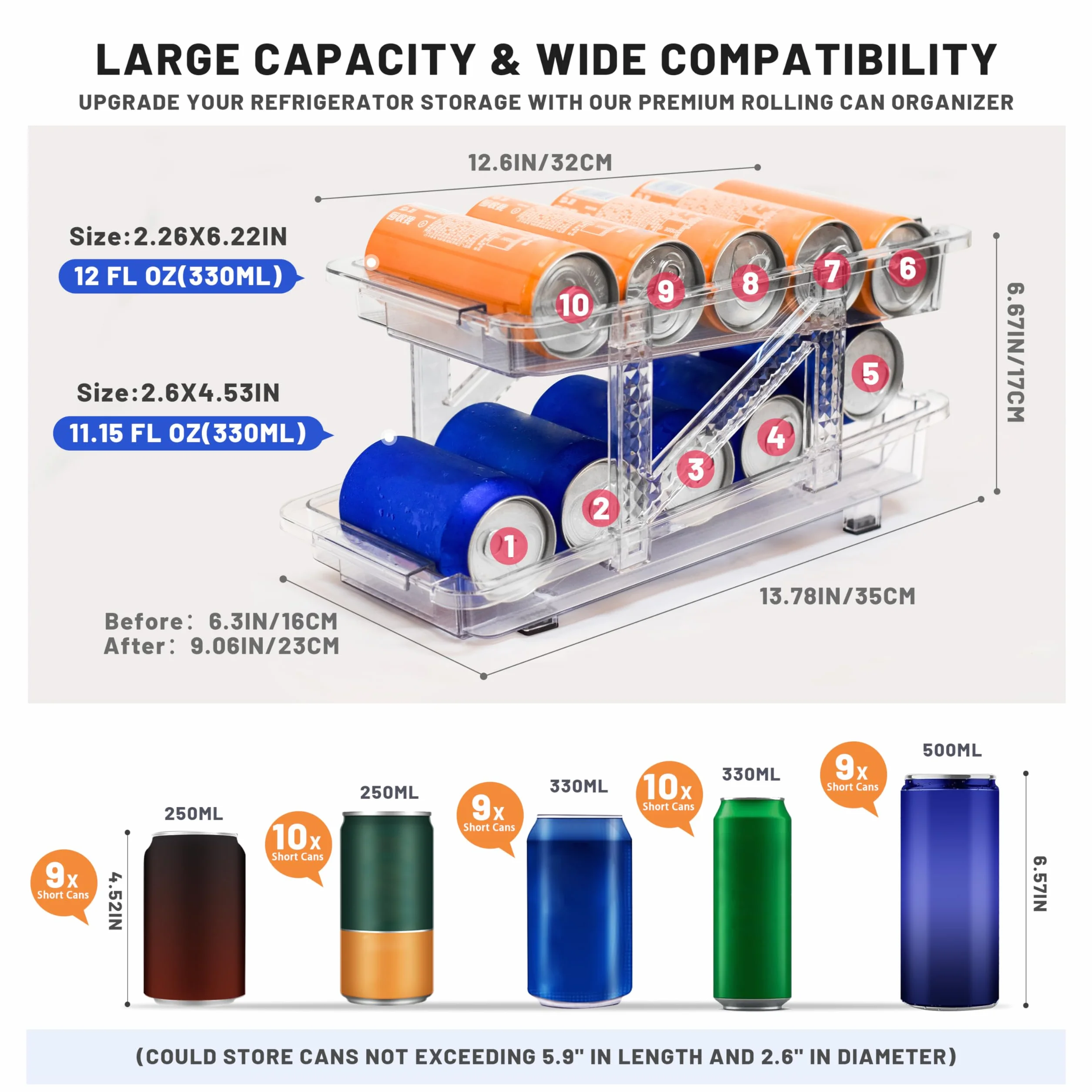 Guermok Automatyczny organizer na napoje do lodówki, szeroki, regulowany organizer na napoje do lodówki, dozownik do spiżarni, 340 ml, 473 ml, 567 ml, uchwyt na puszki do napojów do lodówki