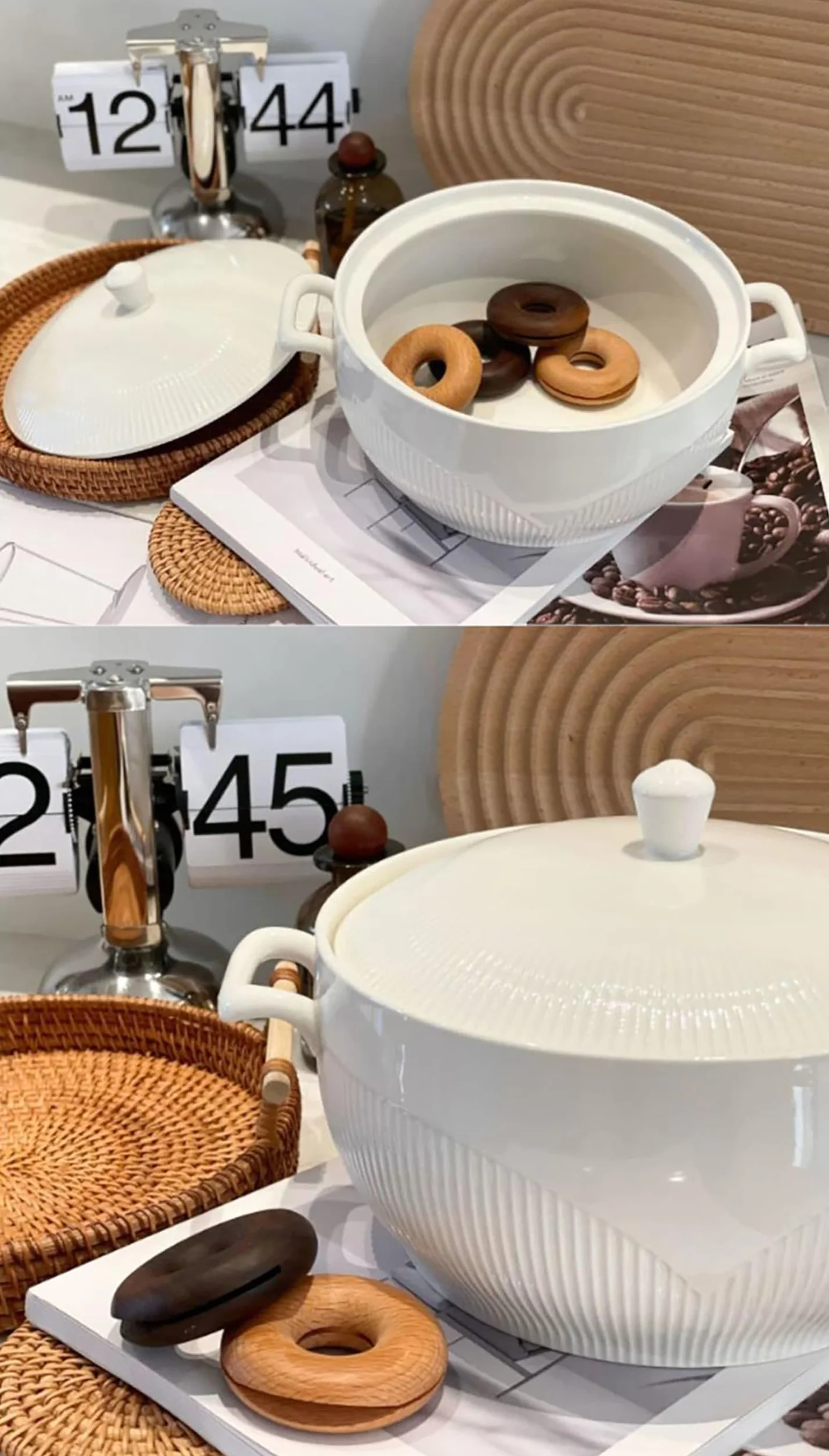 Ceramiczne naczynia do zapiekanek, Garnek gliniany/garnek gliniany/naczynia ceramiczne z białą pokrywką, podgrzewany w kuchence mikrofalowej i można myć zmywarce, porcelana(7inch)