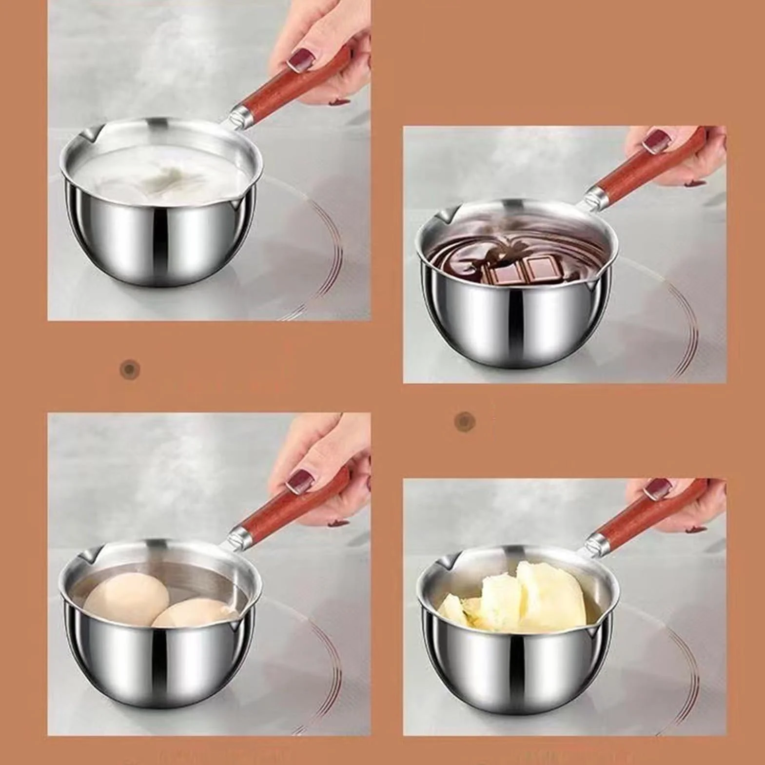 Mini Garnek do Podgrzewania Oleju, 300 Ml Podgrzewacz do Mleka ze Stali Nierdzewnej Mały Rondel Podgrzewacz do Topienia Masła z Drewnianym Uchwytem i podwójną wylewką do Smażenia