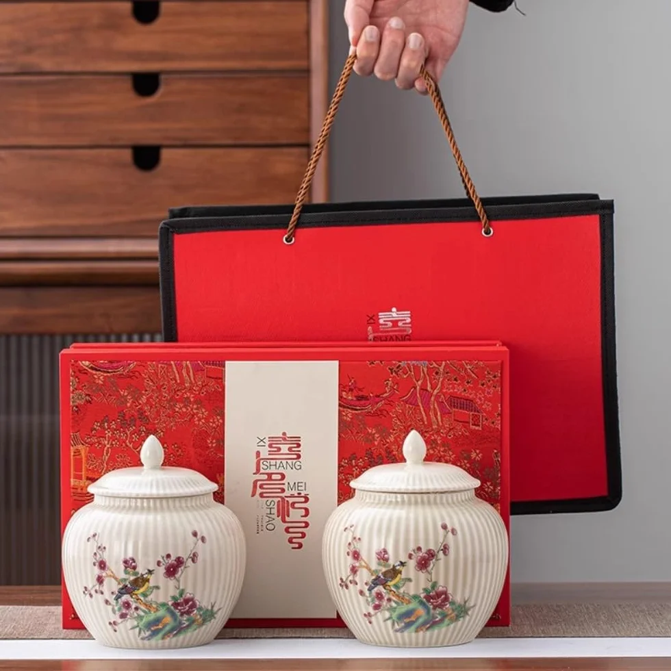 CMBSSTFC Pojemnik na herbatę Pojemnik do przechowywania herbaty luzem Domowy ceramiczny szczelnie zamknię słoik Retro chiński zestaw do herbaty Podwójny słoik Zestaw upominkowy Puszka na herbatę (B)