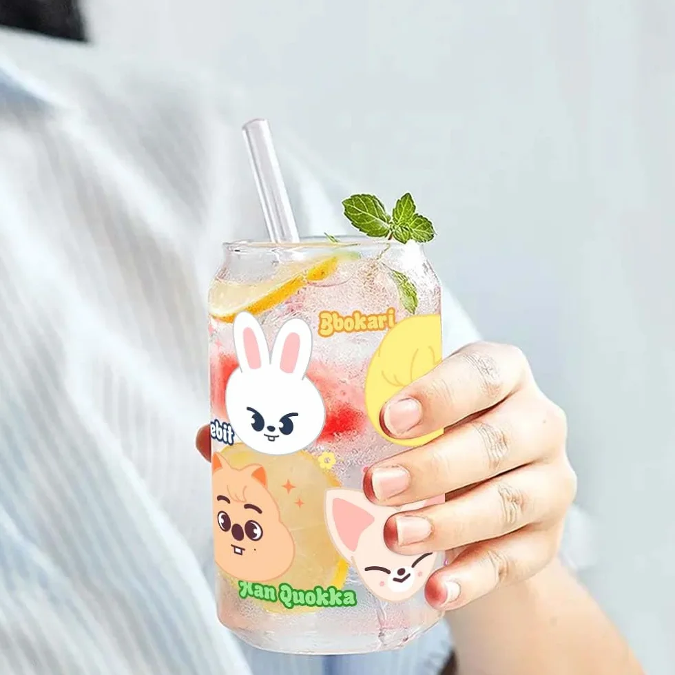 Szklane słoiki z pokrywką i słomką, Skzoo 500 ml, słoiki Stray na herbatę bubble tea, mrożoną kawę, smoothie, zimną herbatę, koktajle, Kpop Merch, prezenty dla fanów Stay