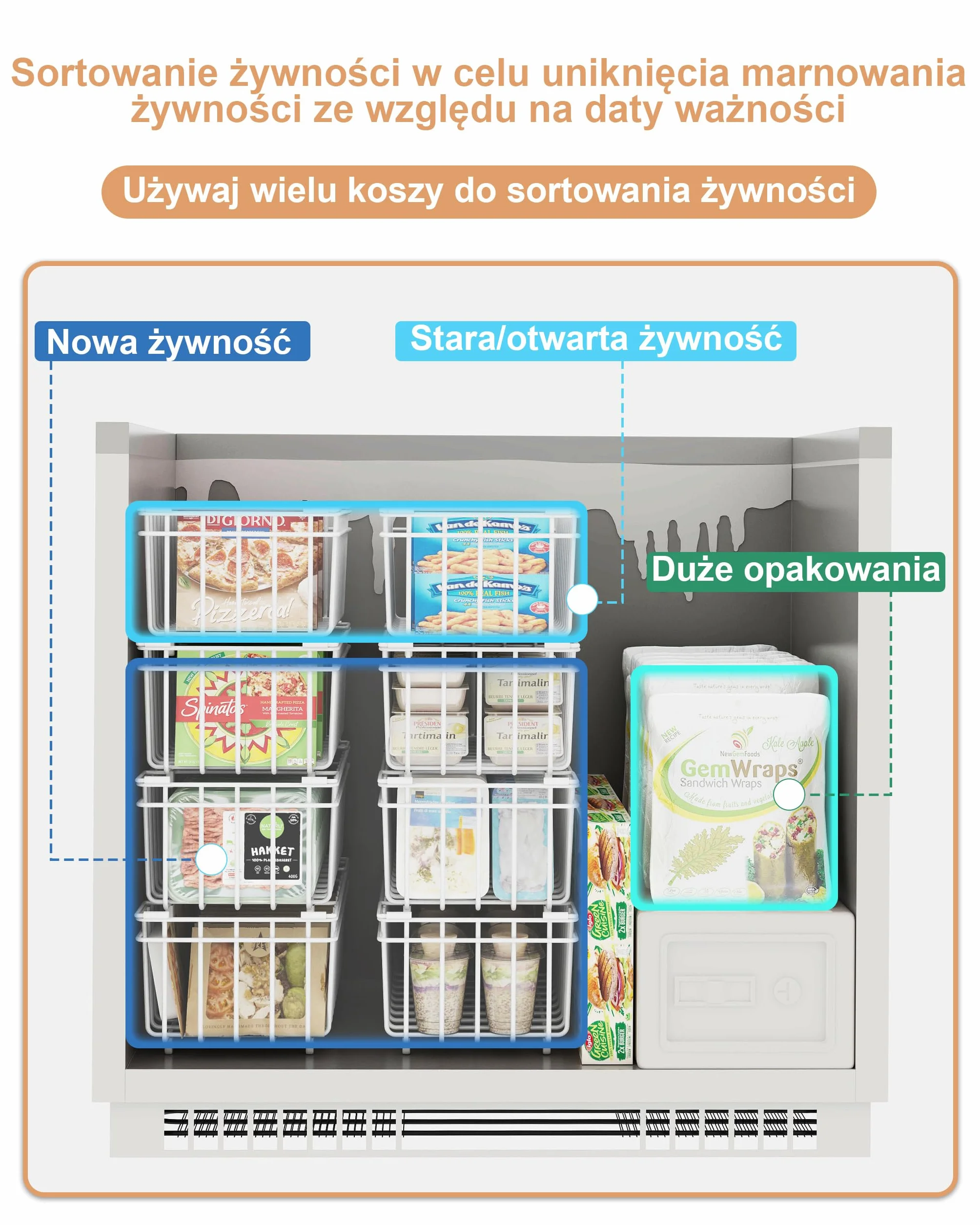 UMDONX 4-częściowy kosz do zamrażania, Biały, można układać w stos z uchwytem, łatwy dostęp, na mrożonki o pojemności 198 l, do organizacji mrożonych składników (37 x 18 x 15 cm)