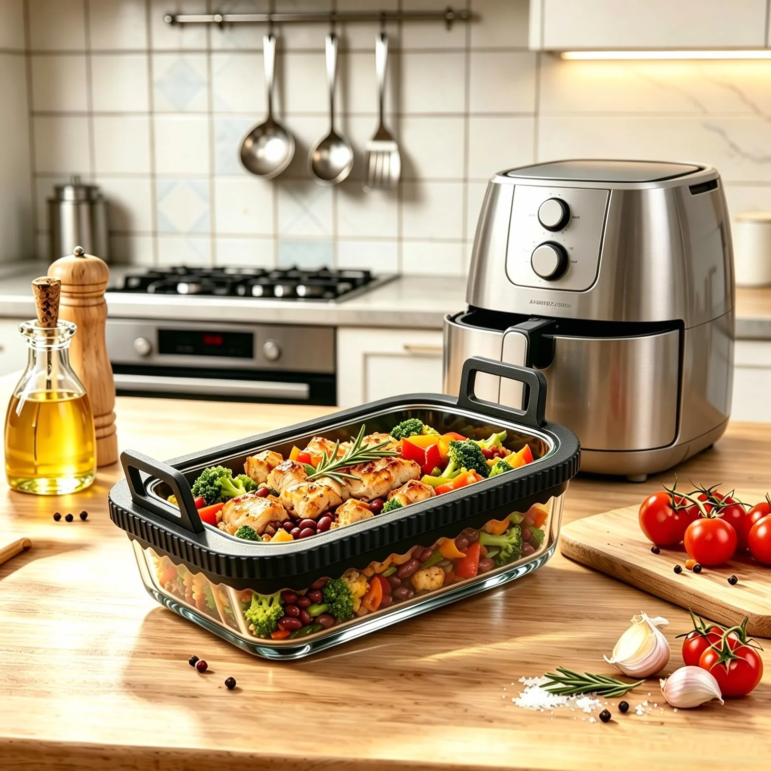 1 x szklana forma do zapiekanek Airfryer do Ninja Cosori z podwójną komorą (jedna sztuka) | Pasuje do Ninja AF400EU DZ400EU AF500EU, nie zawiera BPA, silikonowy pierścień wyjmowany, nadaje się do mycia w zmywarce