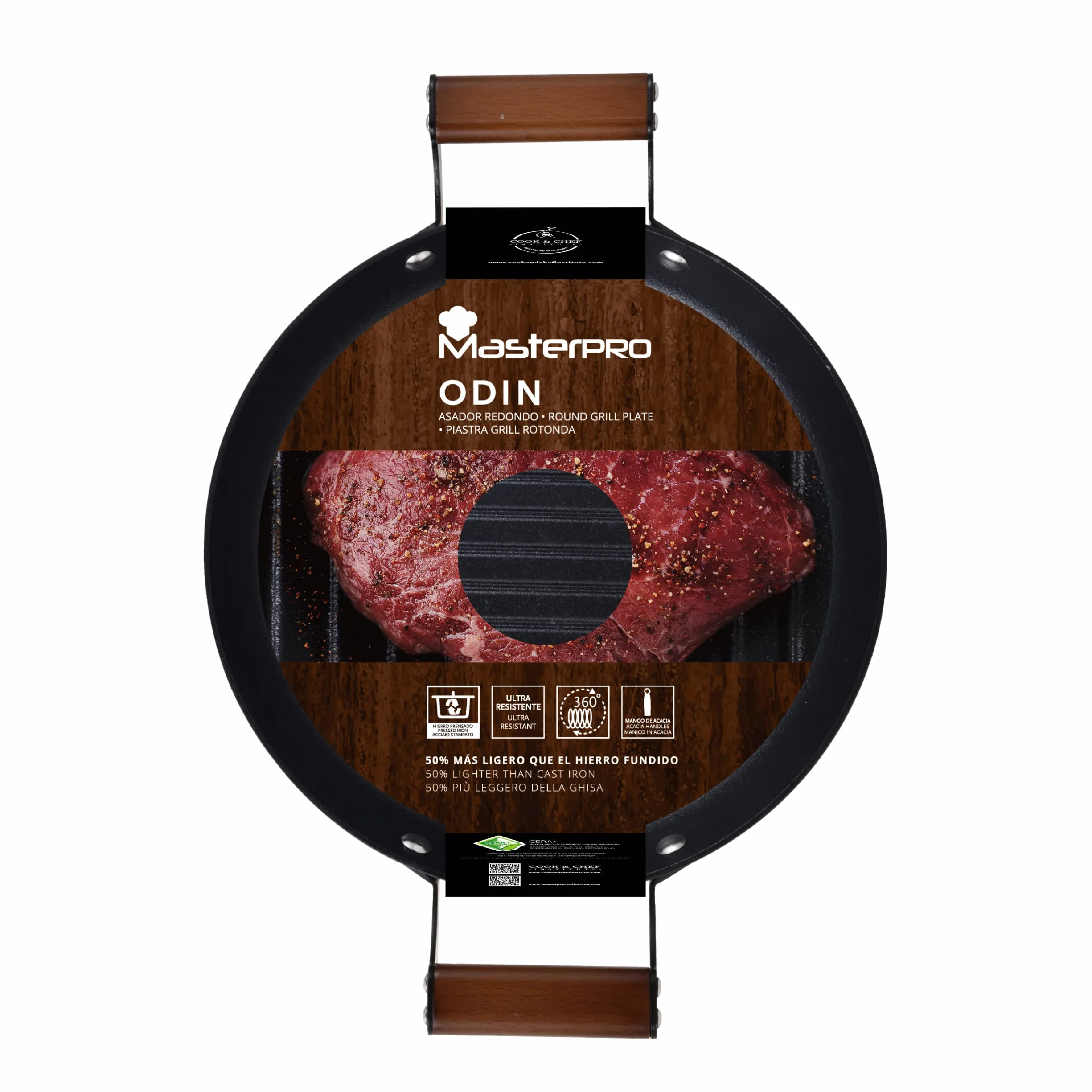 Masterpro Odin 28 cm okrągły grill, nieprzywierający, ergonomiczne uchwyty z drewna akacjowego, idealny do gotowania na grillu, kompatybilny z indukcją i piekarnikiem, bez toksycznych produktów