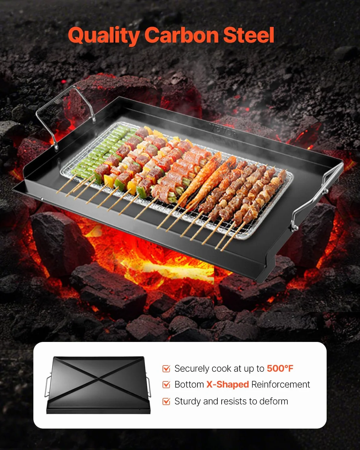 VEVOR Uniwersalny wytrzymały grill ze stali węglowej prostokątny 606 x 360 mm z płaską powierzchnią, żelazko gazowe do grillowania, przenośne rodzinne przybory kuchenne z uchwytem, duża powierzchnia