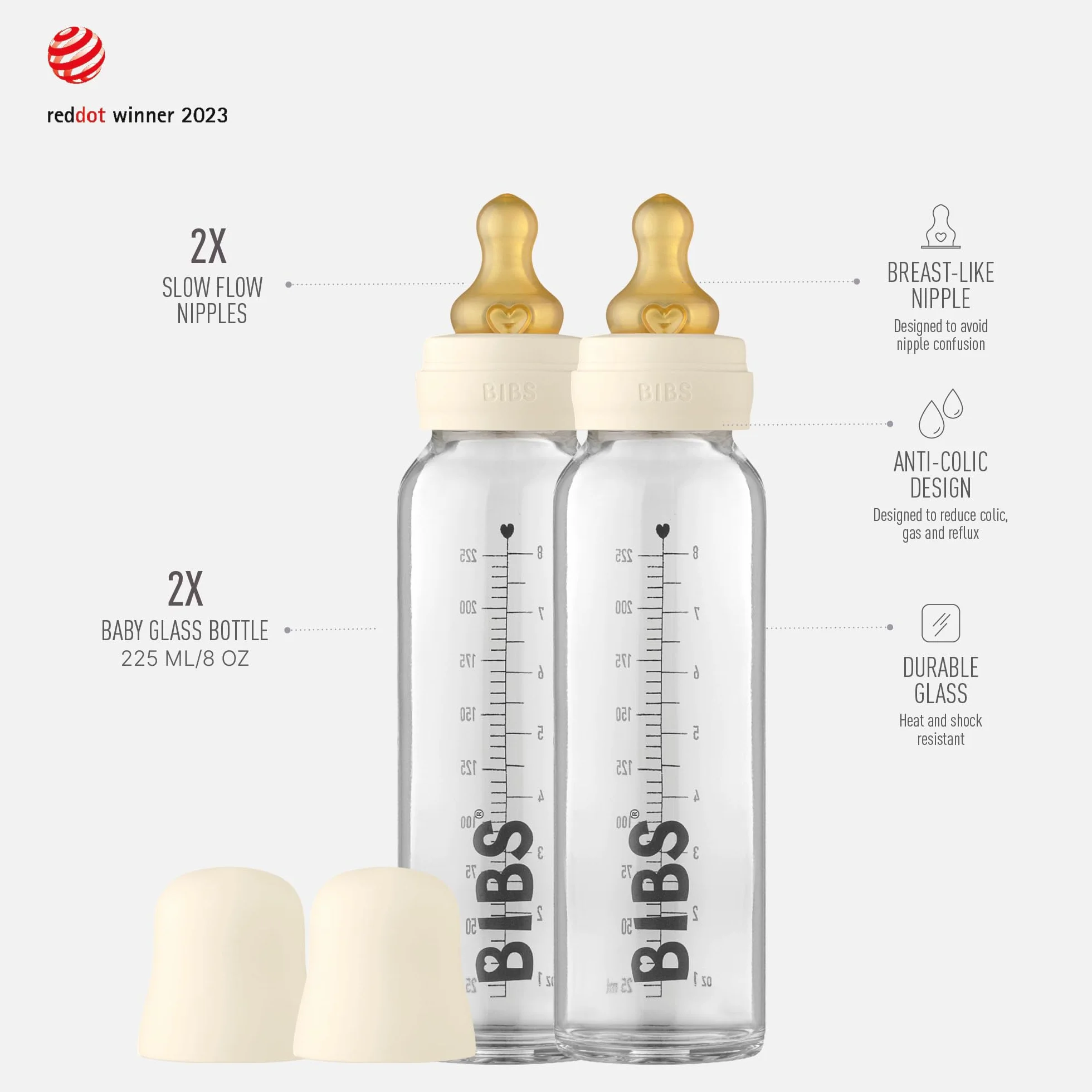 Butelka ze szkła BIBS. Antykolka, zestaw 2 szt. Okrągły smoczek z naturalnego lateksu kauczukowego, wspomaga naturalne karmienie piersią, kompletny zestaw - 225 ml (opakowanie 2), Ivory