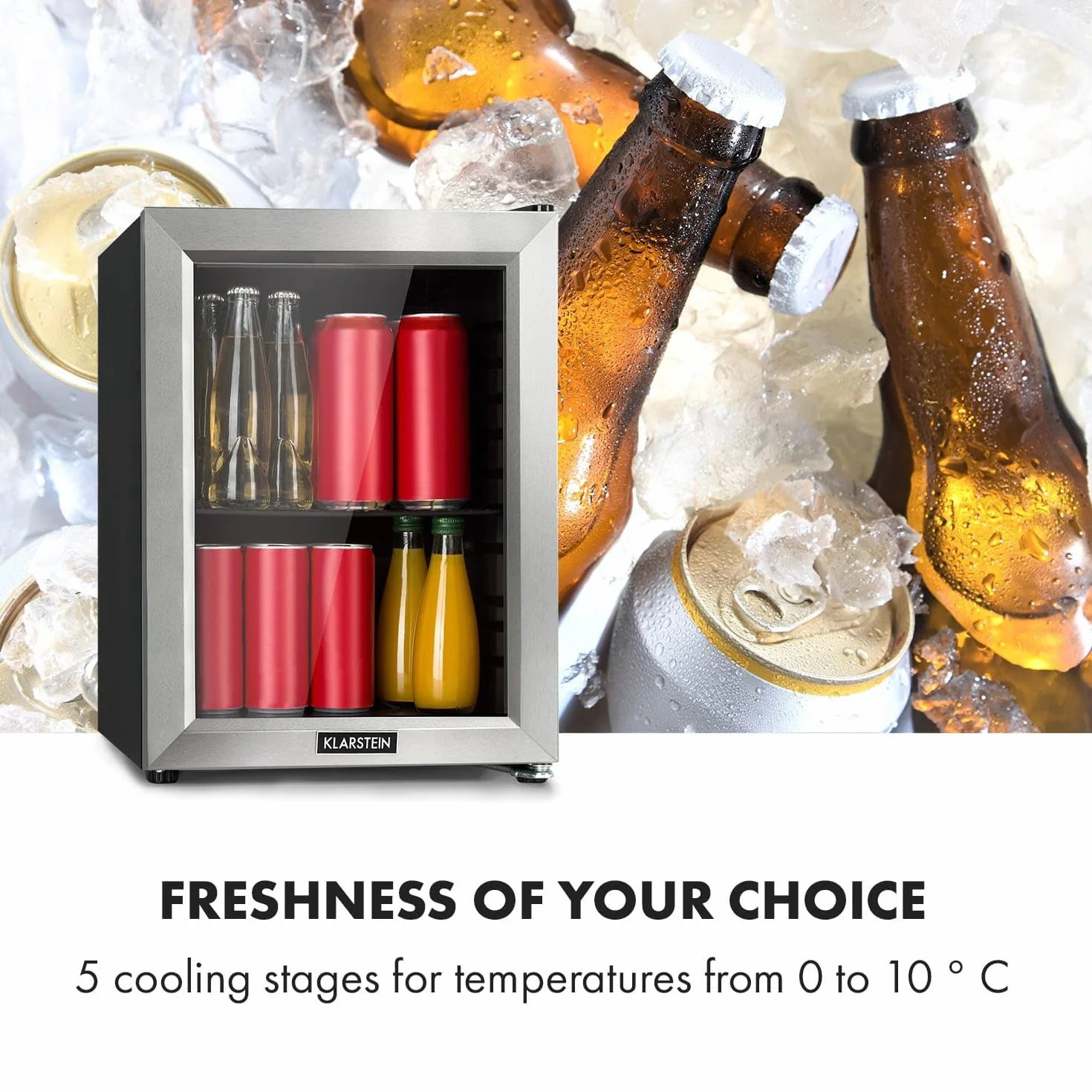 Klarstein Harlem Lodówka na napoje, Minibar, System chłodzenia kompresorowego, Pojemność 23 litry, 5 stopni chłodzenia: 0-10 °C, cicha: 39 dB, 1 metalowa półka kratowa, czarna