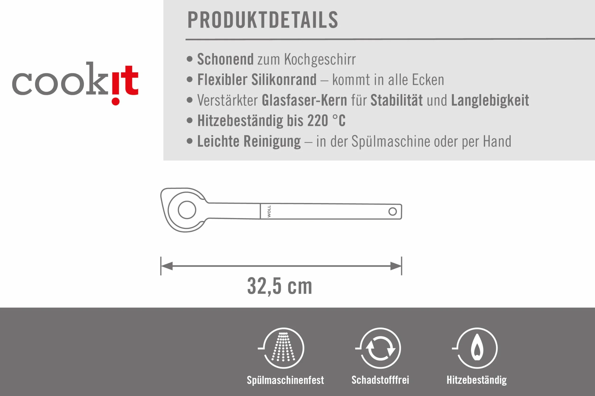 Woll Cook-It łyżka do otworów, z podniesioną głowicą funkcyjną, szerokość 6 cm, długość 32,5 cm, odporna na wysoką temperaturę do 220°, nadaje się do mycia w zmywarce