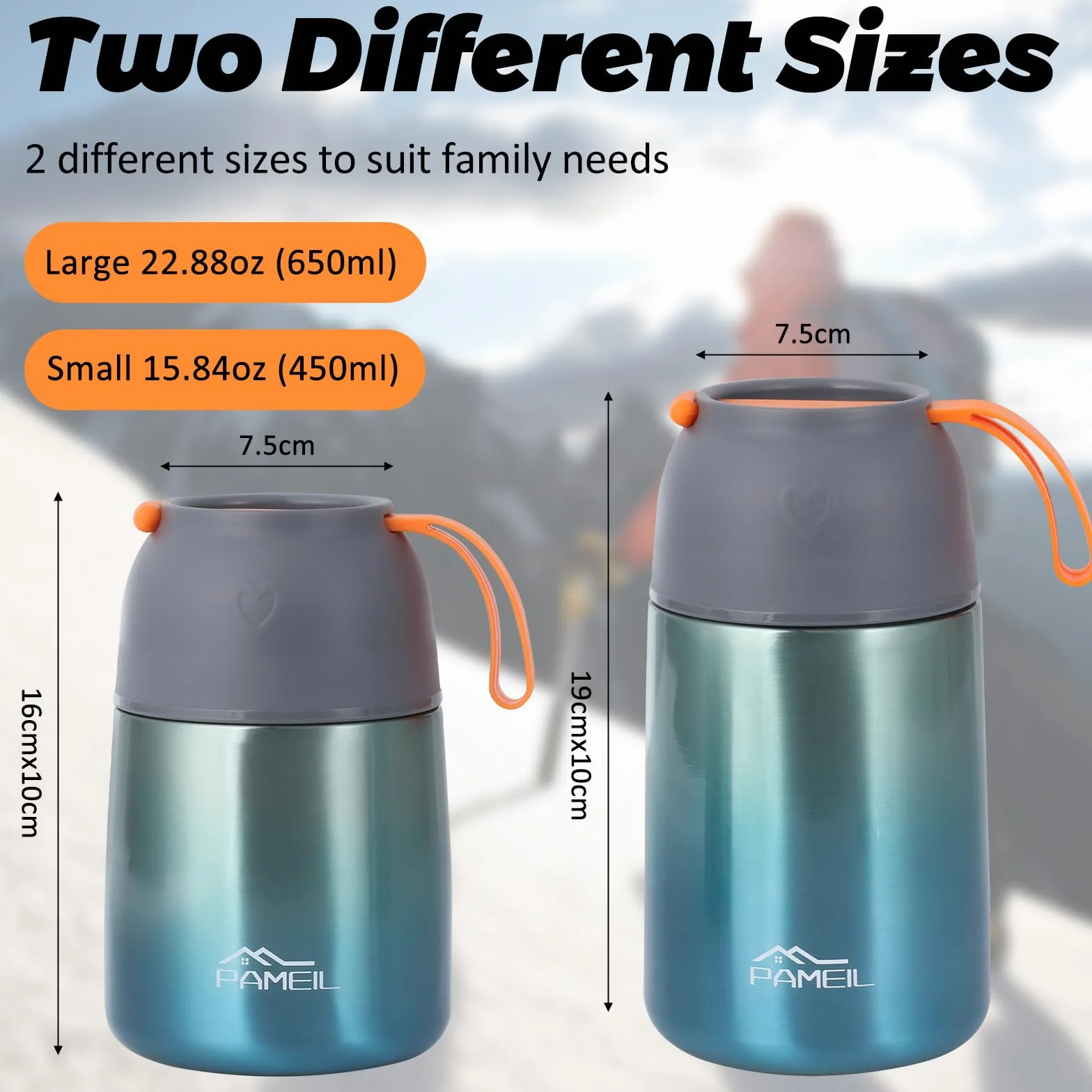 Zestaw 2 termosów na gorące jedzenie 450 ml i 650 ml, termos do gorących potraw ze stali nierdzewnej ze składaną łyżką, dla dorosłych i dzieci, bez BPA