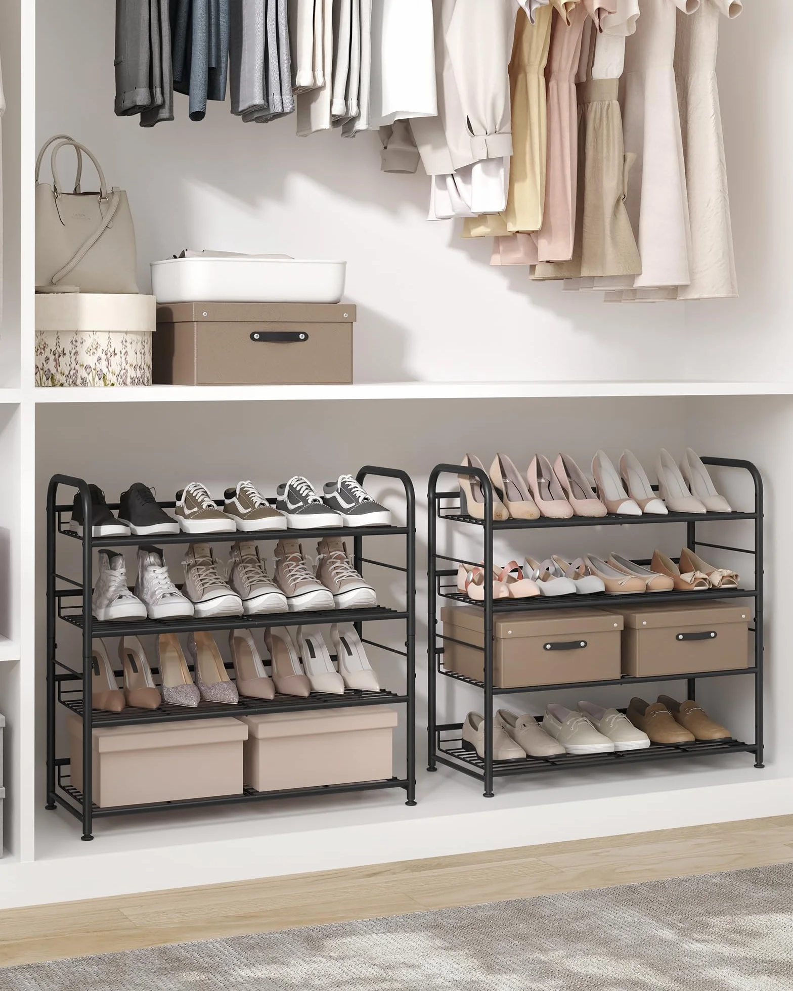 SONGMICS 4-poziomowa szafka na buty do układania w stosy, do 16 par, metalowa, 68,5 x 27,5 x 65 cm, na wysokie obcasy, trampki, kapcie, wejście, czarny LMR067B01