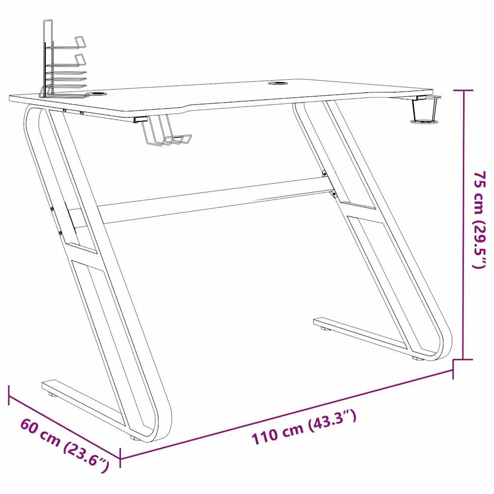 Biurko do gier z ramą ZZ, czarne, drewno i żelazo, 110 x 60 x 75 cm, z półką na słuchawki i kontrolerem, uchwytem na kubek, stabilne biurko komputerowe, do domowego biura i gier