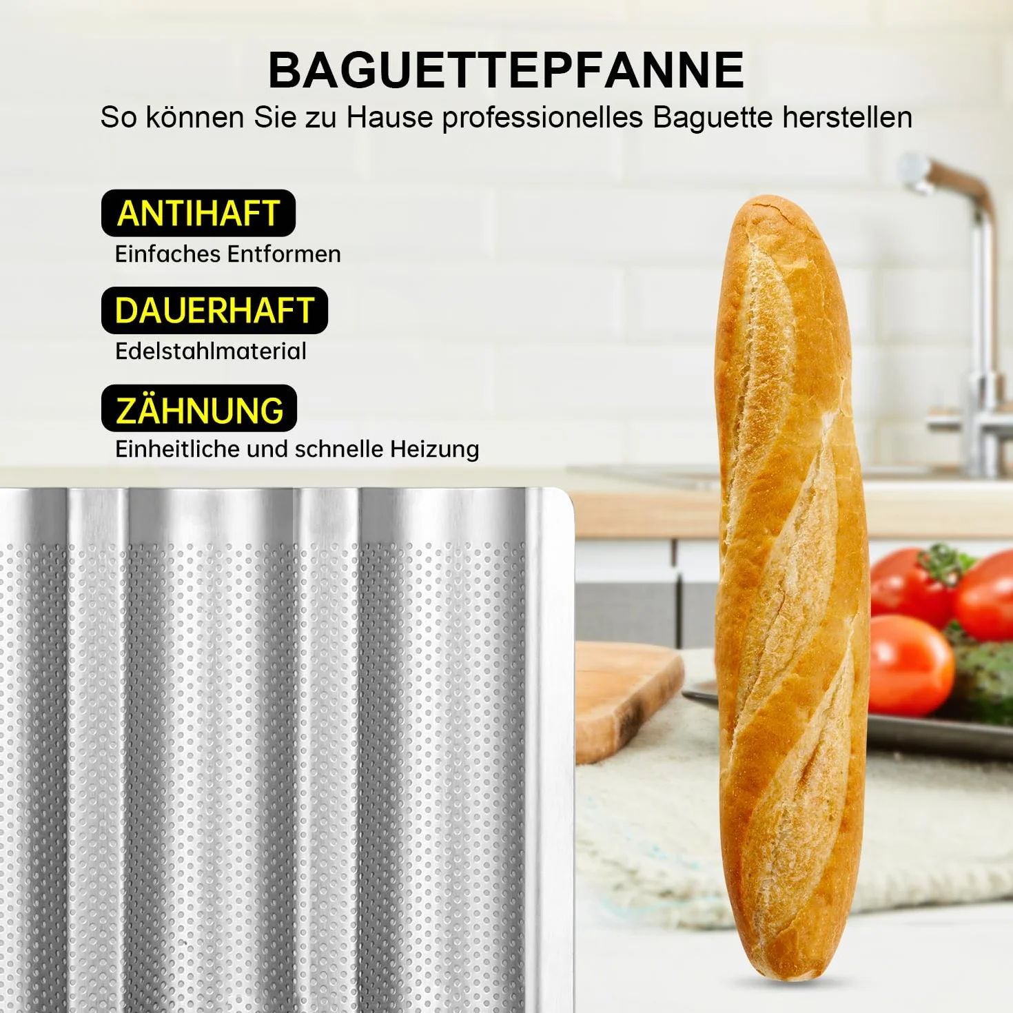 Hotec Foremka do pieczenia 3 bagietek z powłoką zapobiegającą przywieraniu, idealna jako forma do bagietek, akcesoria do pieczenia chleba, blacha do bagietek, blacha do pieczenia bagietki (38 x 24,5