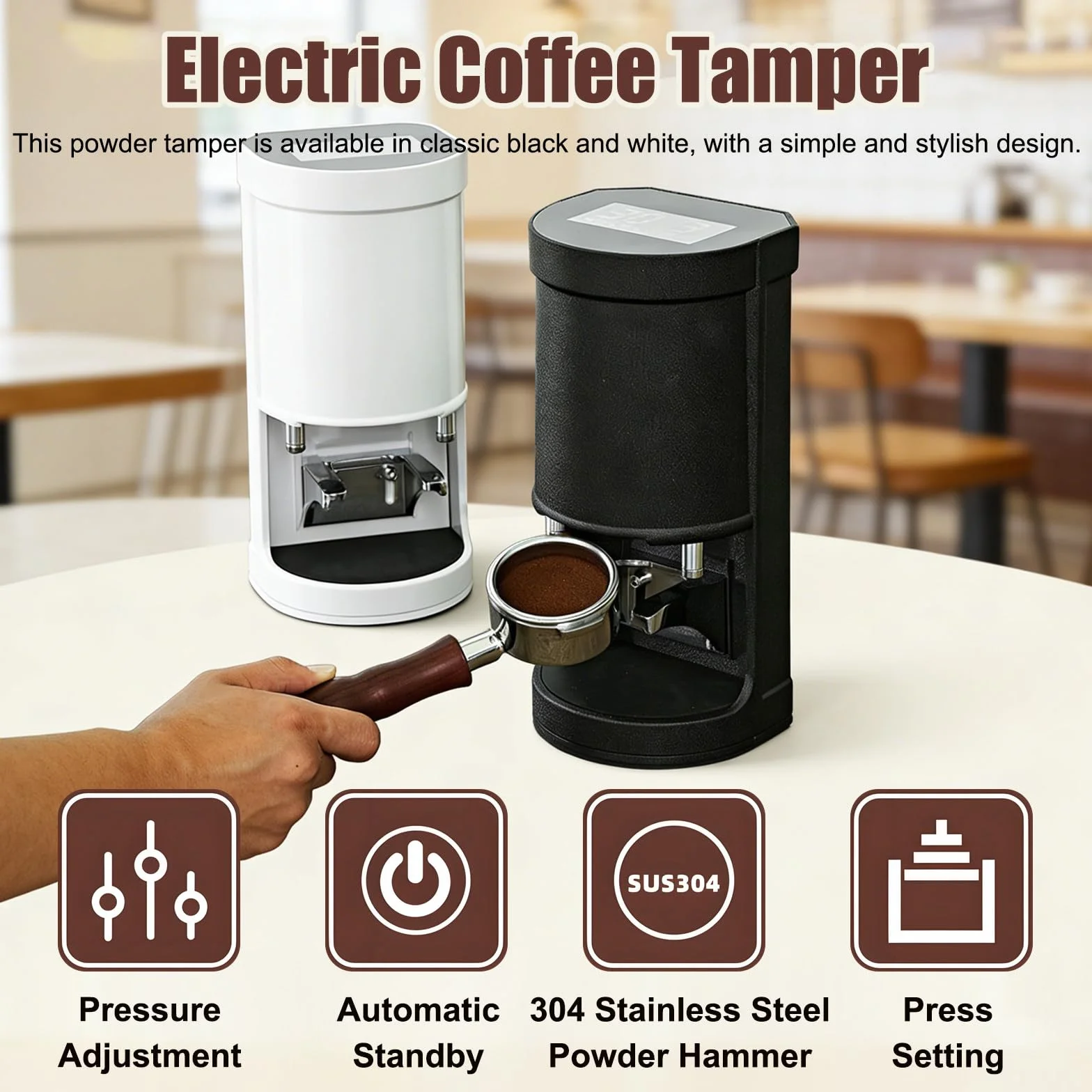 Ubijak do Kawy 58 Mm, Automatyczna Elektryczna Prasa do Kawy Ziarnistej Espresso, Nacisk 5-30 Kg, Regulowany Czas Ubijania od 1 do 3 Black-Threaded