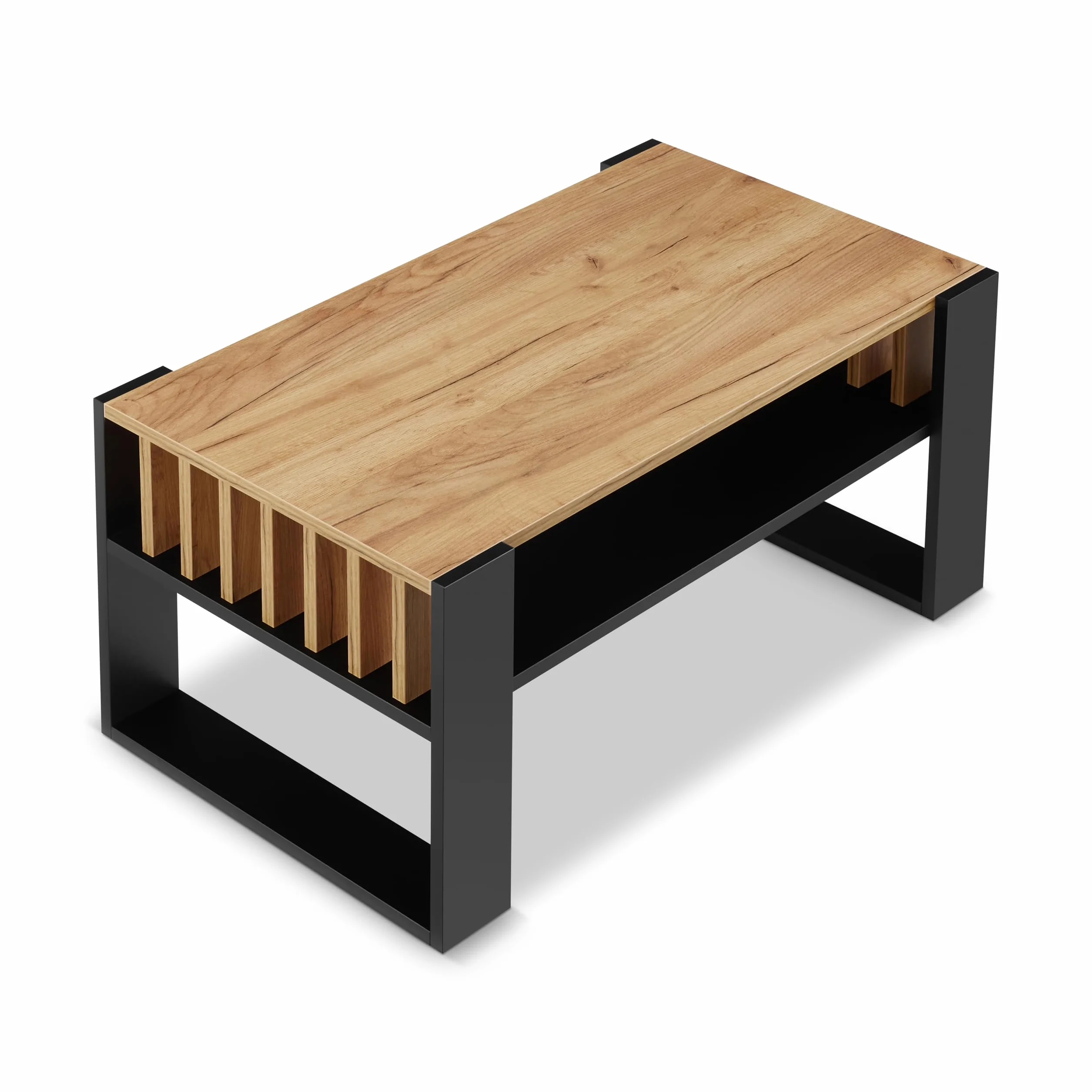 defiPad® Nowoczesny stolik kawowy z lammelami, szerokość 92 cm, duży stół do salonu, dąb | lity i stabilny | kolor czarny
