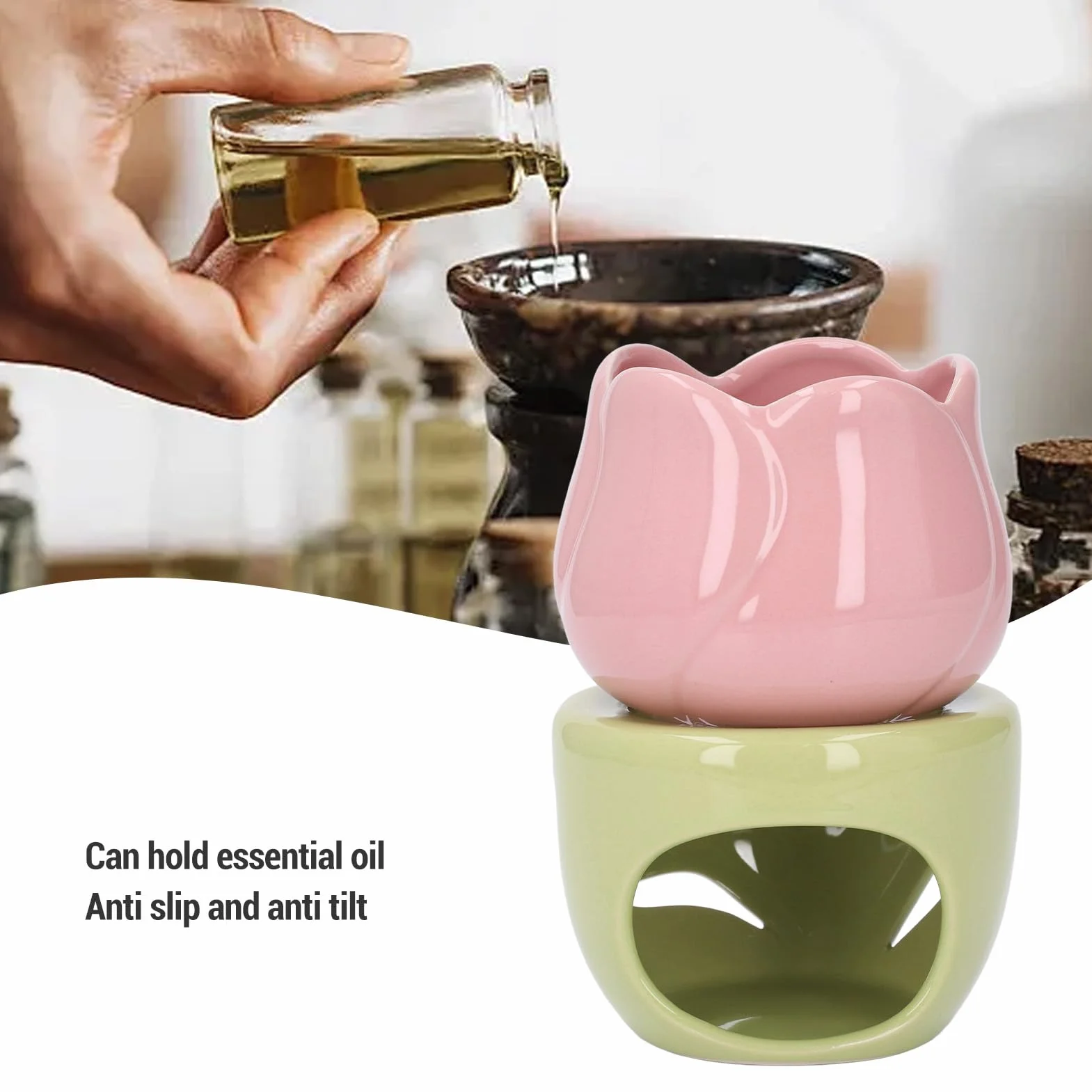 Ceramiczny Palnik do Aromaterapii Kominek na Olejki Eteryczne Różowy Kwiat Zielony Stojak