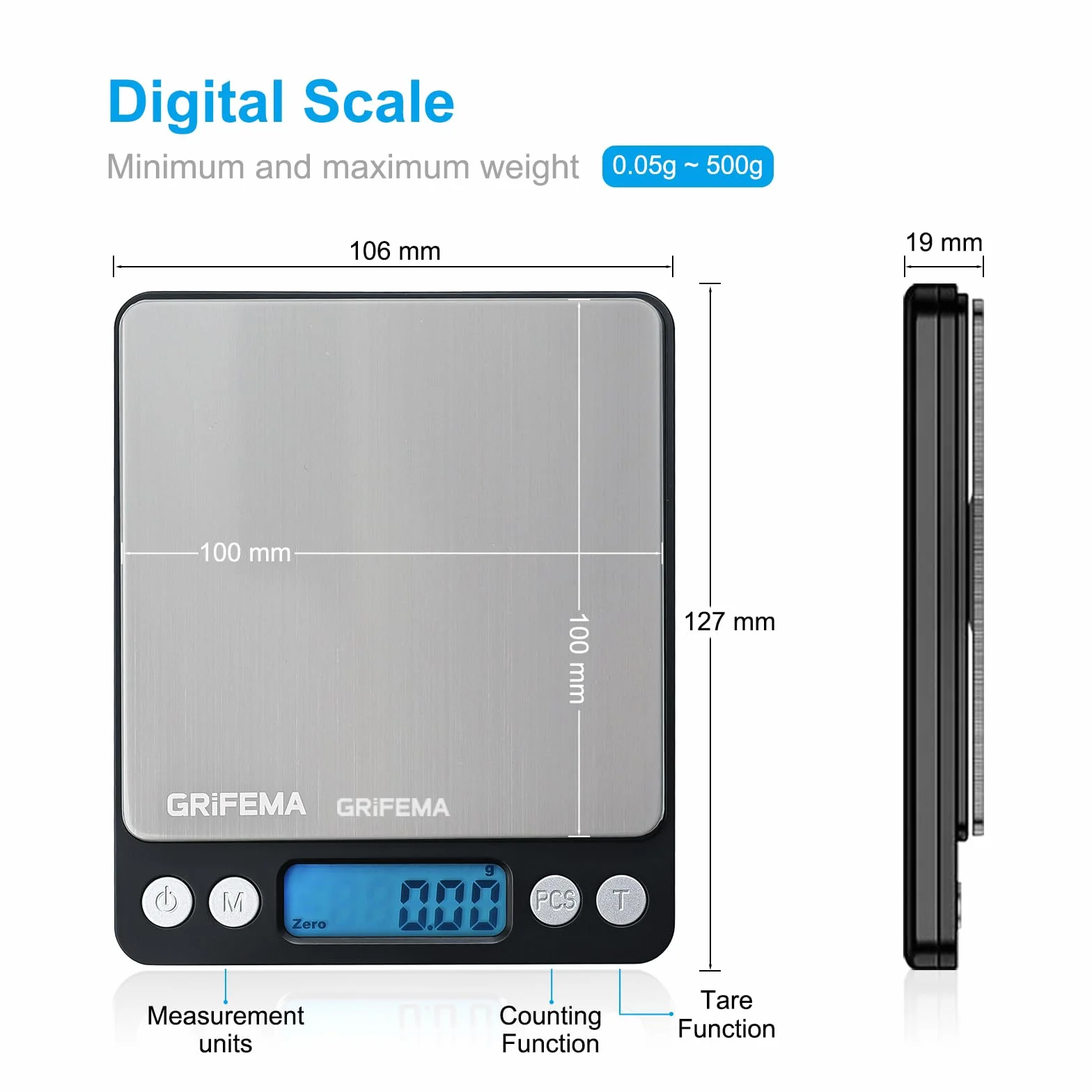 Grifema GA2003 Báscula De Cocina Con Pantalla LCD, Digital, Balanza Con Tapa, Acero Inoxidable (Exclusivo En Amazon), 0.01-500 g