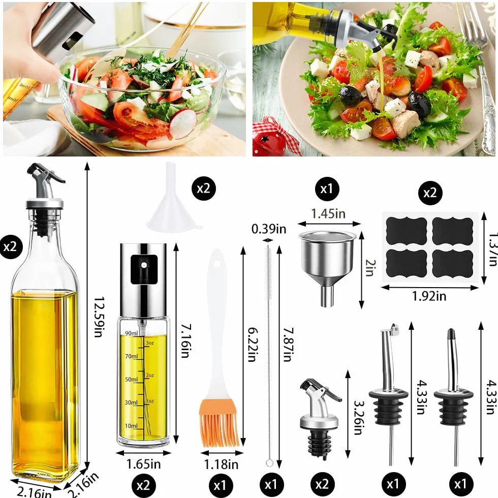 WRENYZK 4 sztuki butelek na olej, 2 szt. 500ml zestaw dozowników do oliwy z oliwek i octu, 2 szt. 100ml rozpylacz do oleju – butelki z rozpylaczem oleju z lejkiem, osłona antybrudzeniowa, pojemnik na