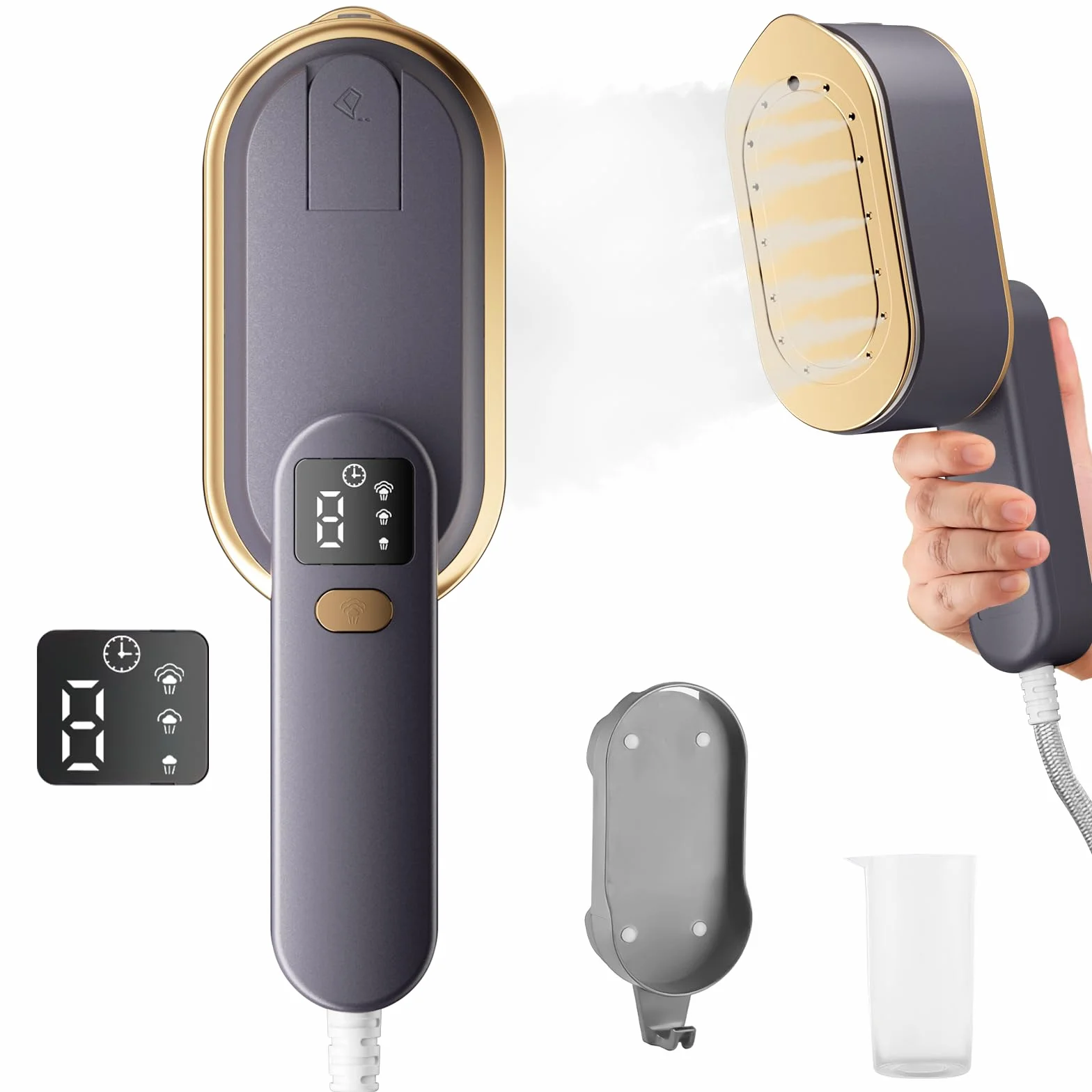 Steam Iron Travel Steamer z ekranem LCD, szybkie nagrzewanie 10 s, 2000 W, z obrotowym uchwytem o 180°, przenośny ręczny parowar do ubrań, 3 poziomy pary, do podróży, domu, biura (szary)