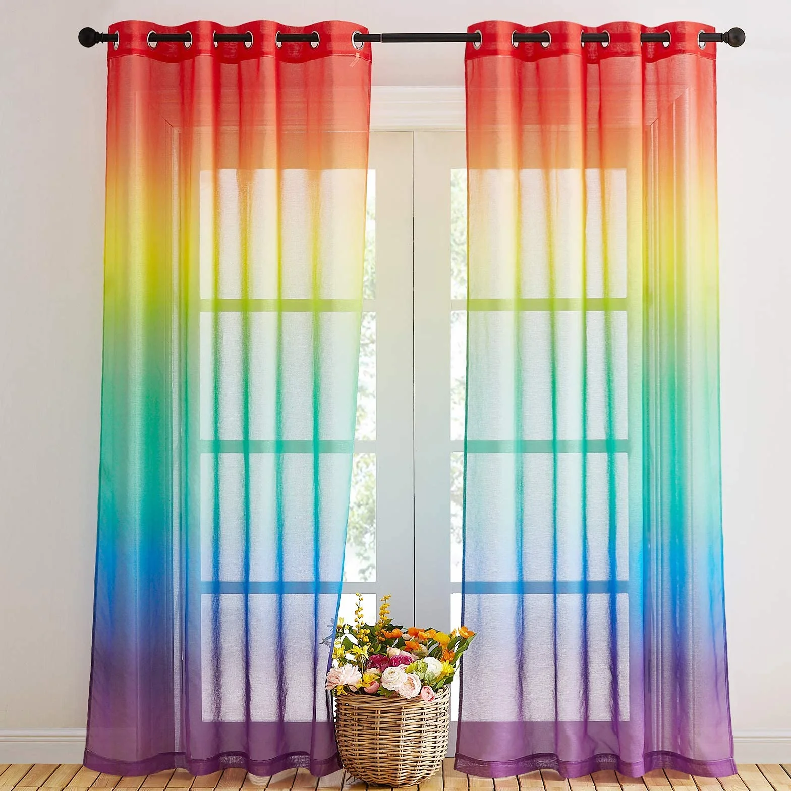 NICETOWN Zasłony welonowe z oczkami - welon lniany efekt świetlny naturalny filtr wielokolorowy elegancki gradient dekoracyjny do salonu, sypialni, 140 x 245, tęcza, 2 szt