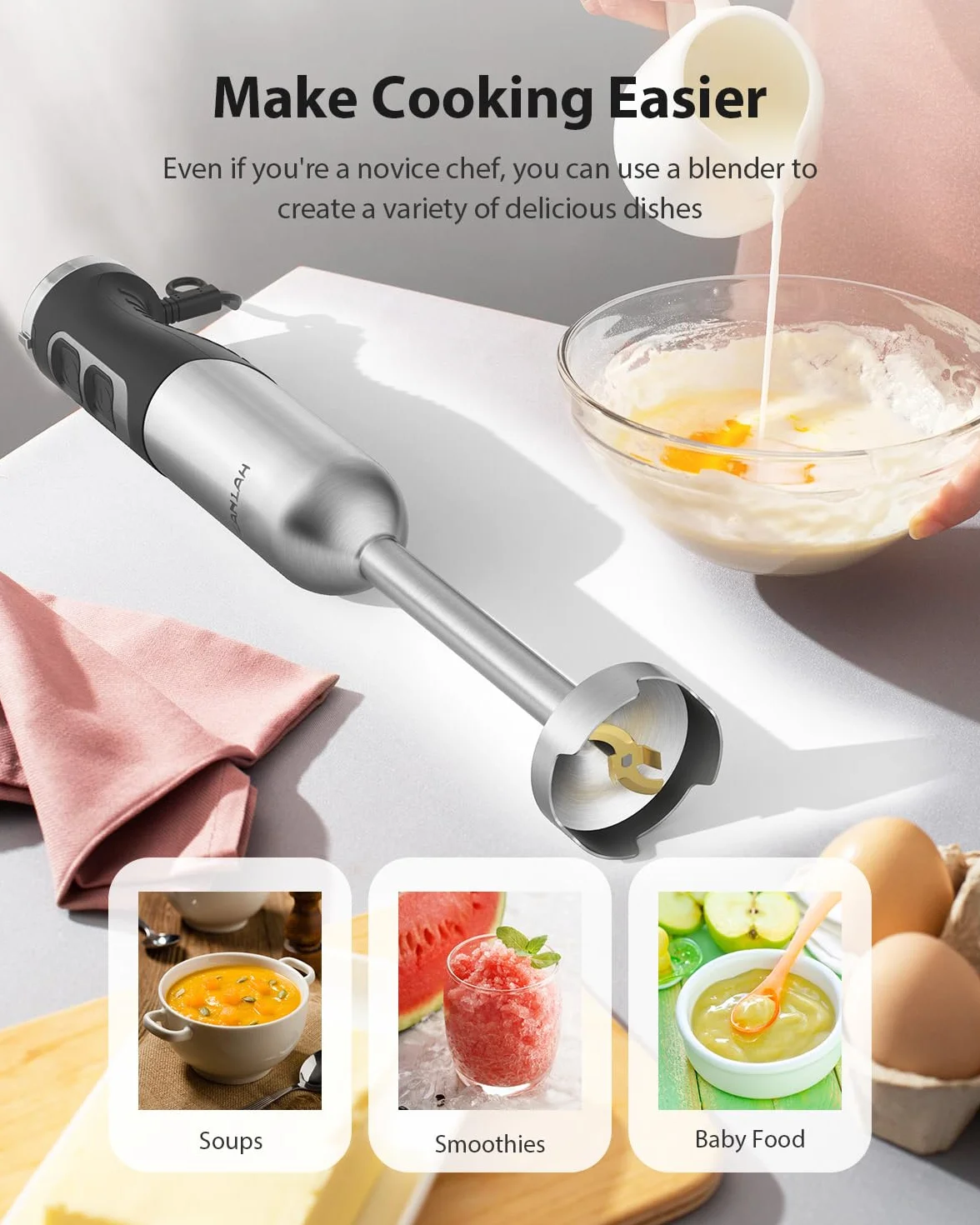 Wydajny blender zanurzeniowy 1000 W, blender ręczny 2025 z 25-biegowym silnikiem bezszczotkowym i wytrzymałym, ręczny mikser 4 w 1 z rozdrabniaczem, trzepaczką, zlewką i