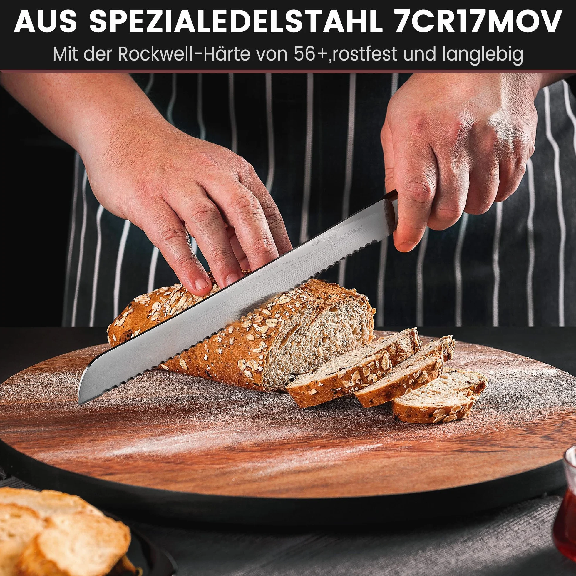 KUOGAS Nóż do chleba ze szlifem falistym 26 cm z wysokiej jakości stali nierdzewnej, bardzo ostre ostrze noża z ergonomicznym uchwytem z drewna Pakka