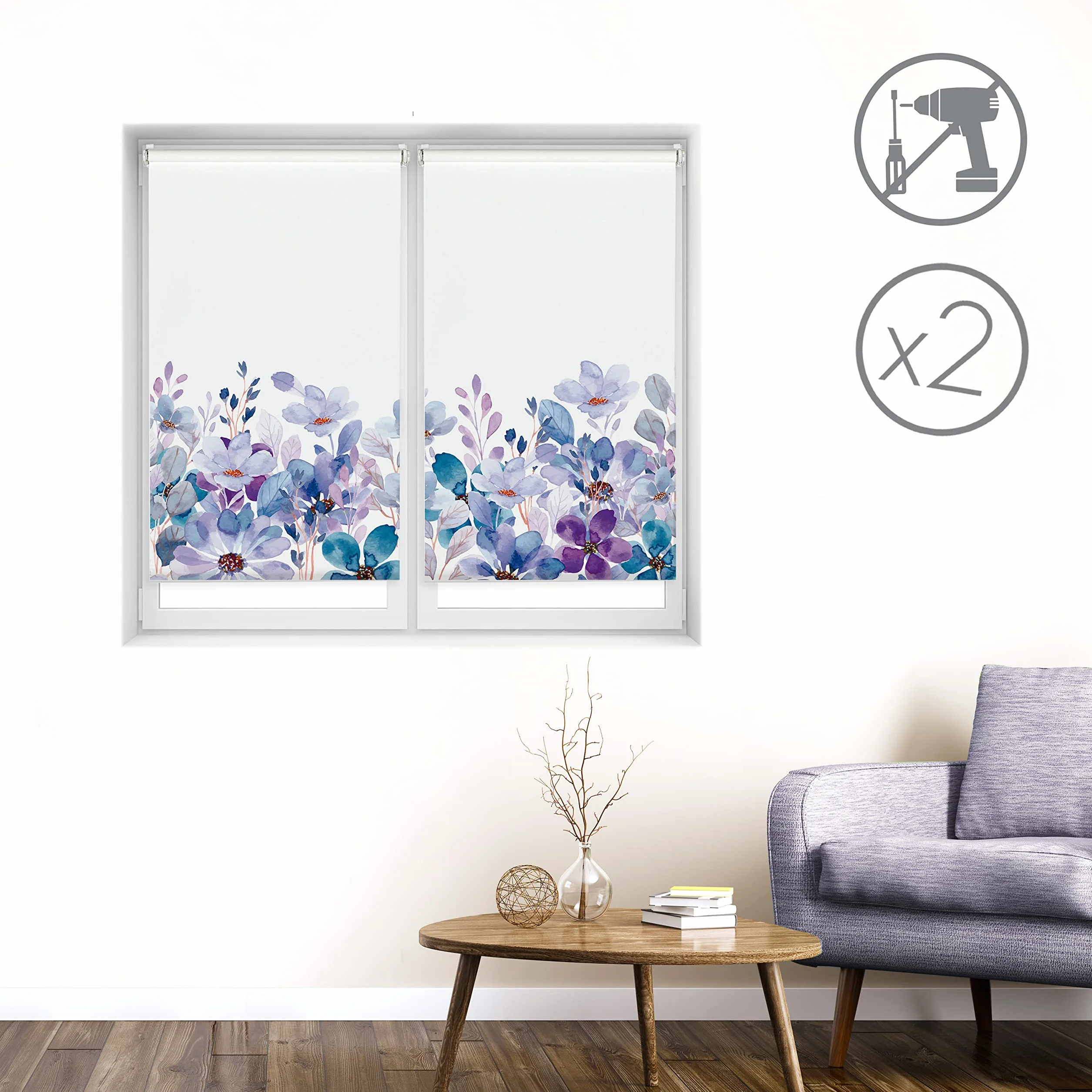 Blindecor Pojedyncze opakowanie 2 sztuki bez wiercenia Nadruk - przezroczyste masło, Violet Garden, 85 x 150 cm (szerokość na wysokość). Rozmiar tkaniny 82 x 145 cm